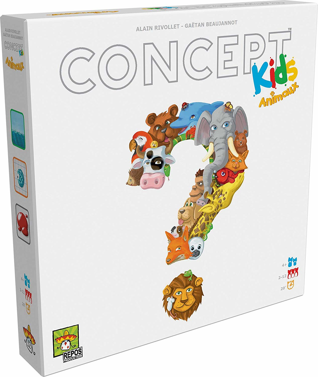 Scatola del gioco da tavolo Concept Kids. Presenta un punto interrogativo fatto di illustrazioni di animali.