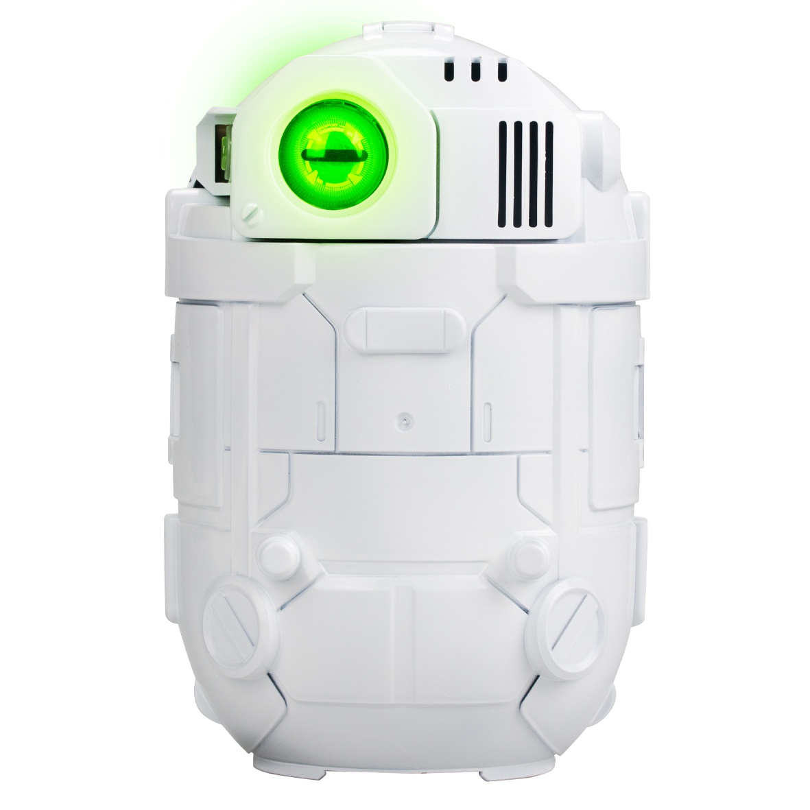 Un giocattolo robot bianco con un occhio verde brillante e un piccolo altoparlante.