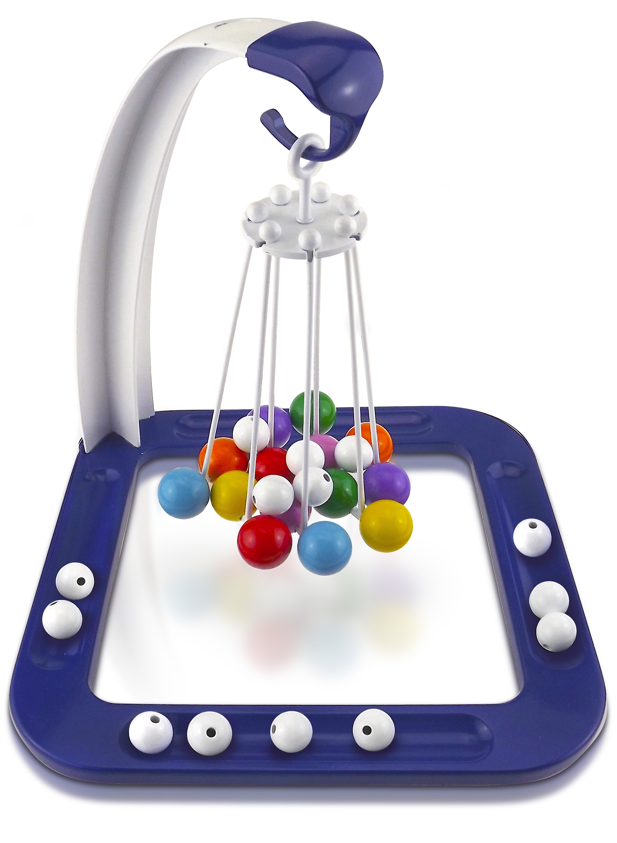 Un gioco con palline colorate sospese da fili.