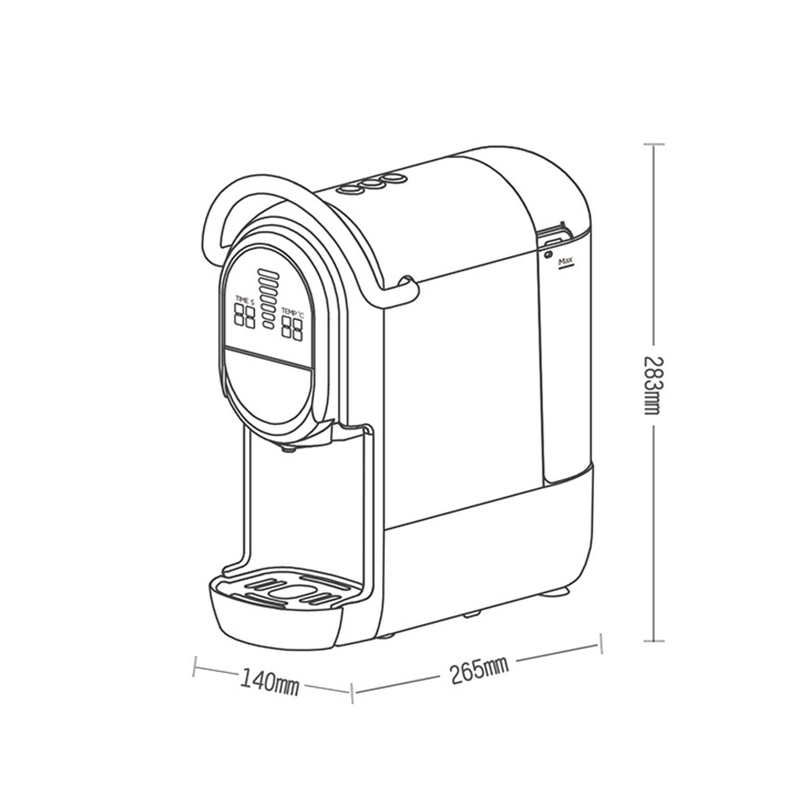 Strichzeichnung einer schwarzen Espressomaschine. Abmessungen: 140mm breit, 265mm lang, 283mm hoch.