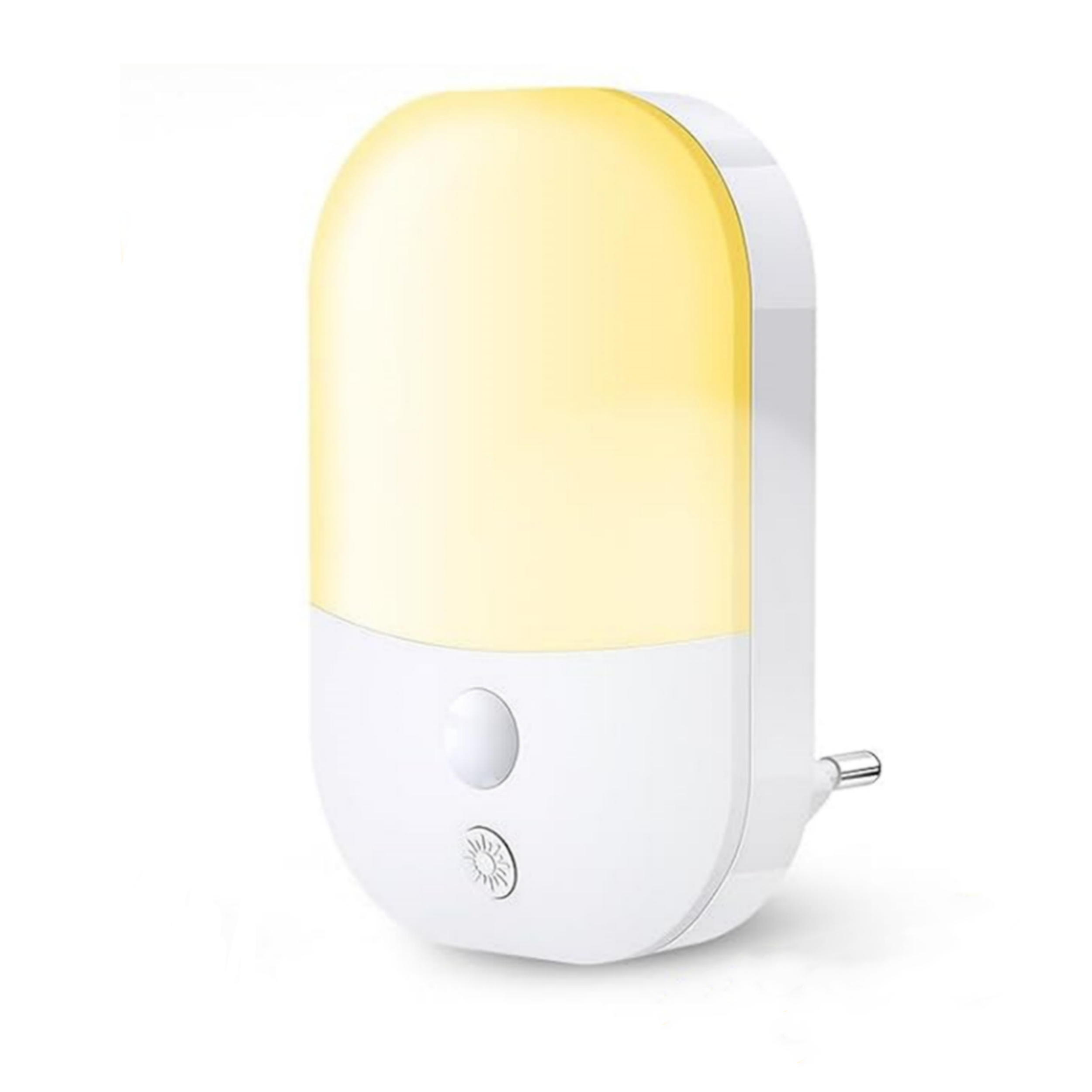 Weißes Nachtlicht mit einem oberen Sensor und einem Dimmschalter. Stecker sichtbar.