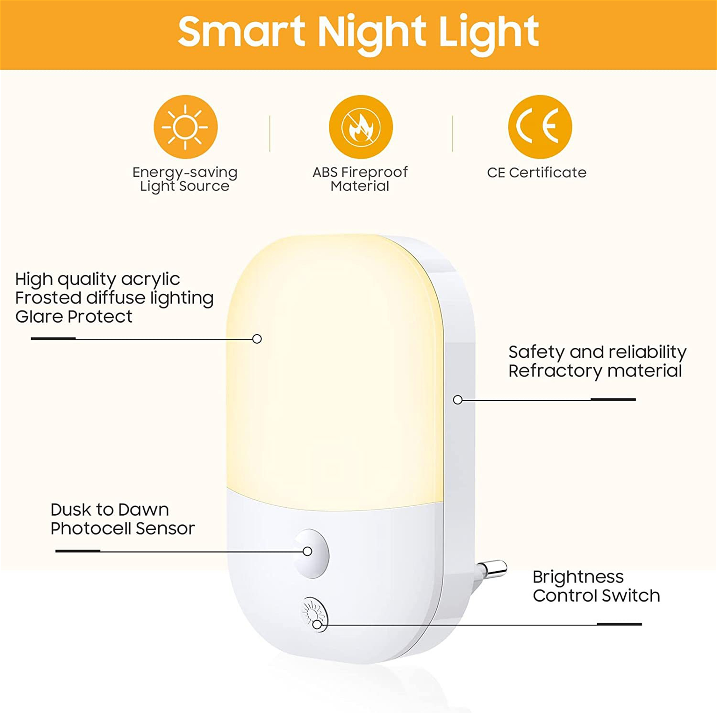 Weißes Smart-Nachtlicht mit Textbezeichnungen für Funktionen wie Sensor, Helligkeitsregelung usw.