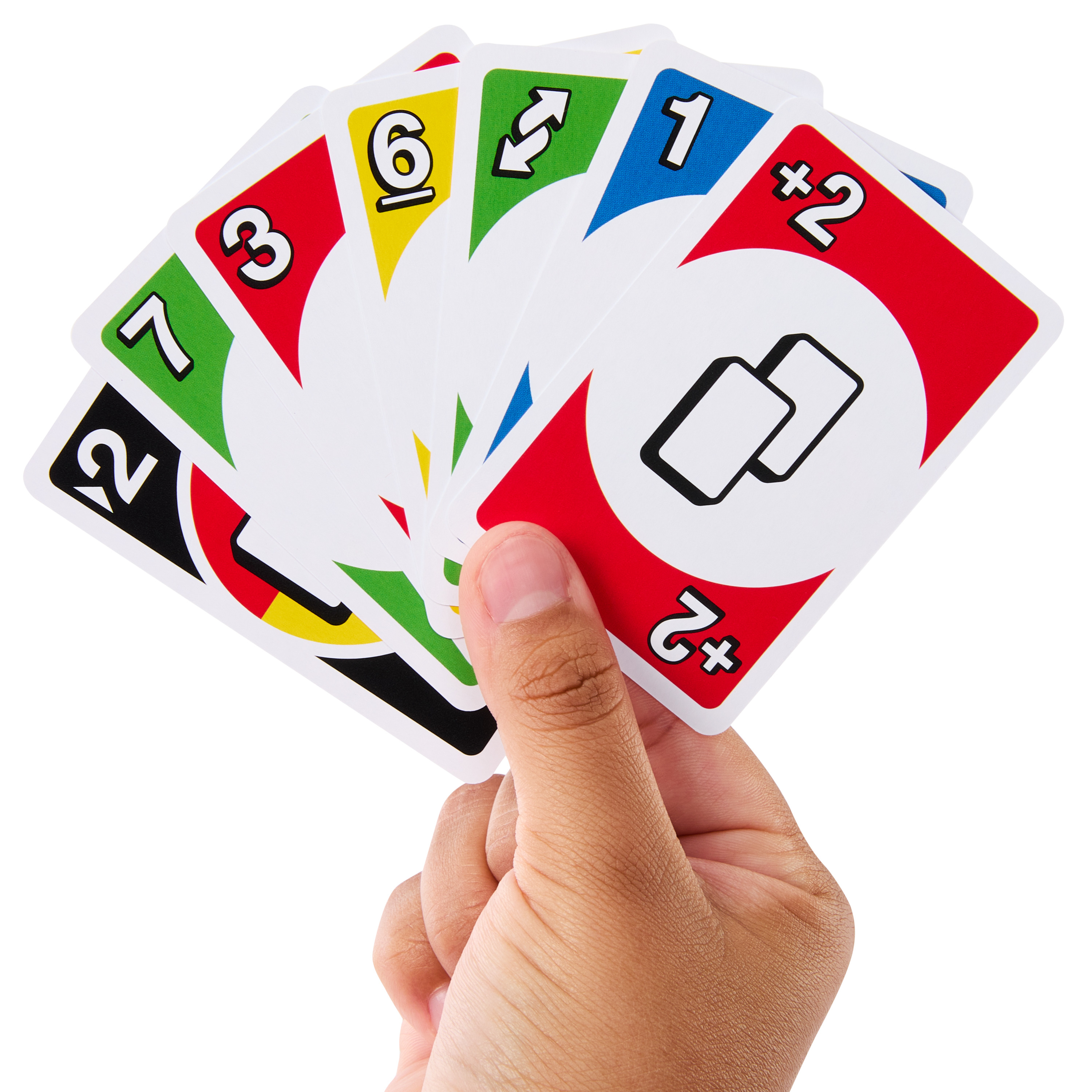 Mano che tiene carte Uno. Le carte sono a ventaglio, mostrando diversi colori e numeri.