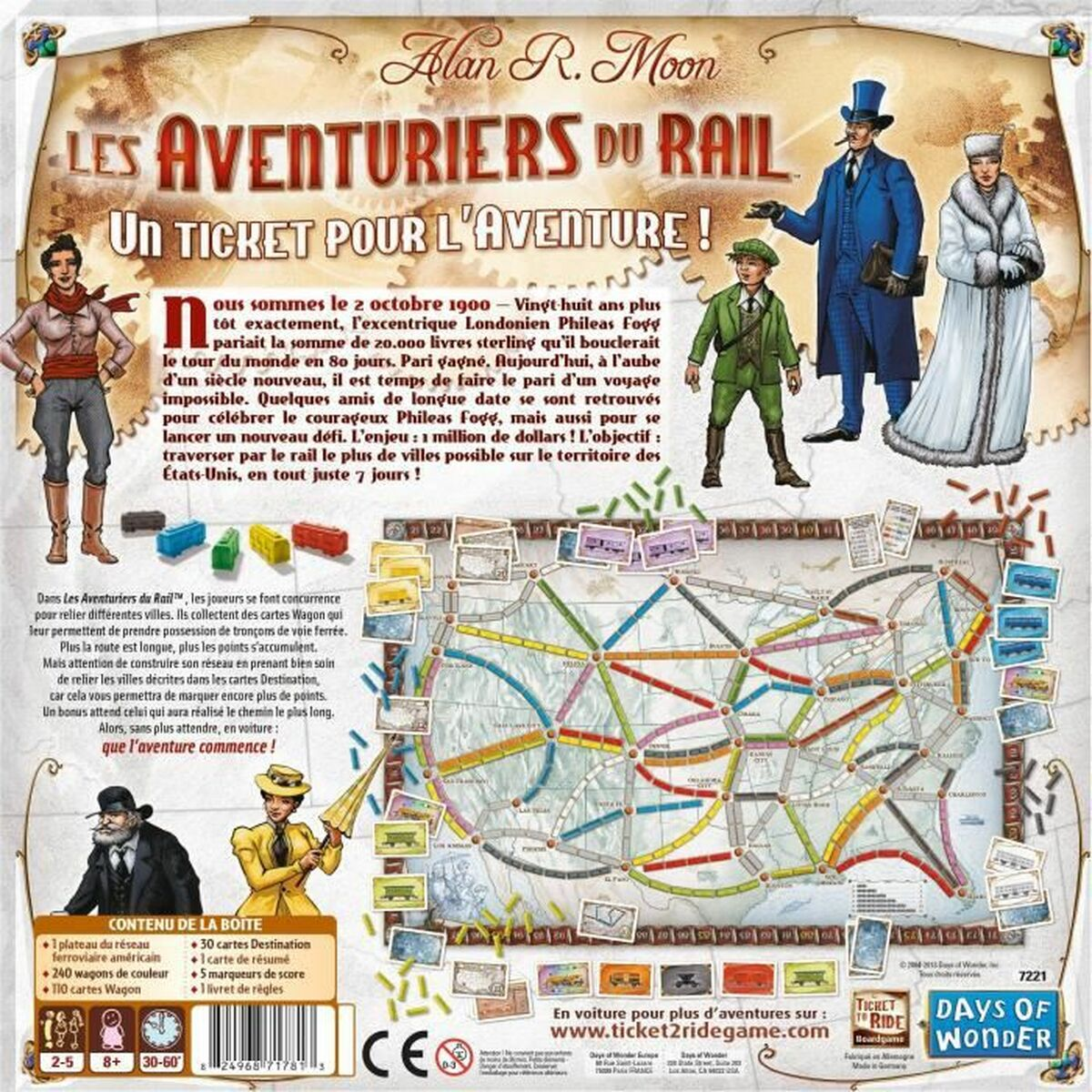 Dos d'une boîte de jeu de société. Le jeu est en français. Il montre un train et des personnes.