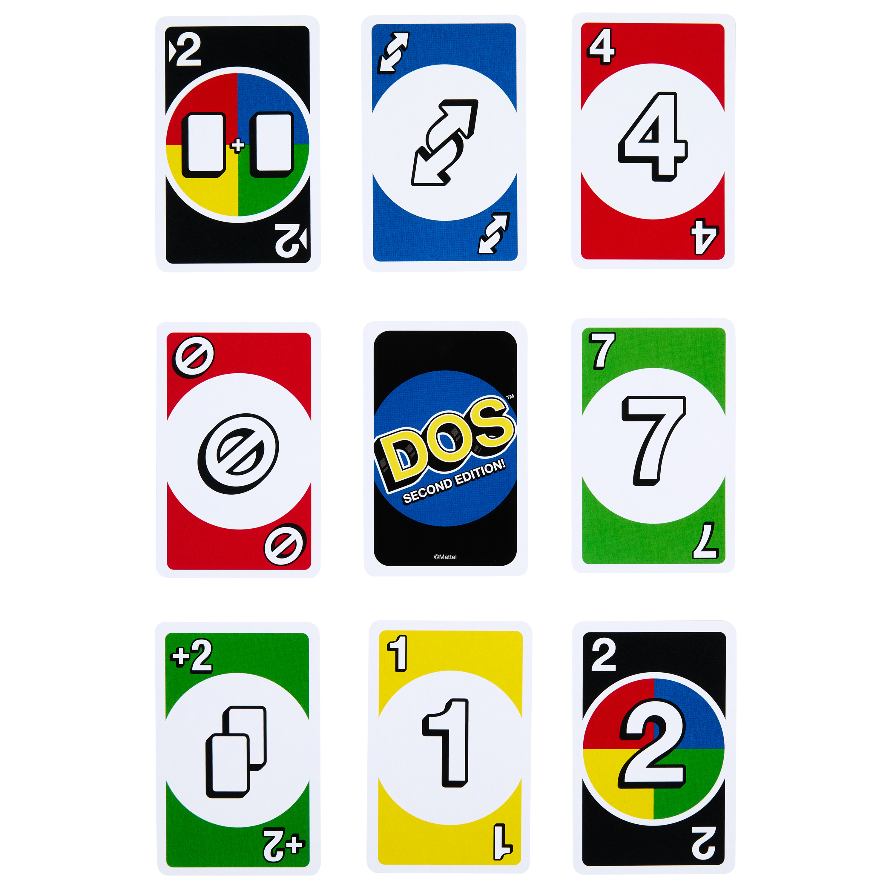 Gioco di carte Dos con carte. Varie carte colorate sono sparse, inclusa una carta Dos in bianco e nero.
