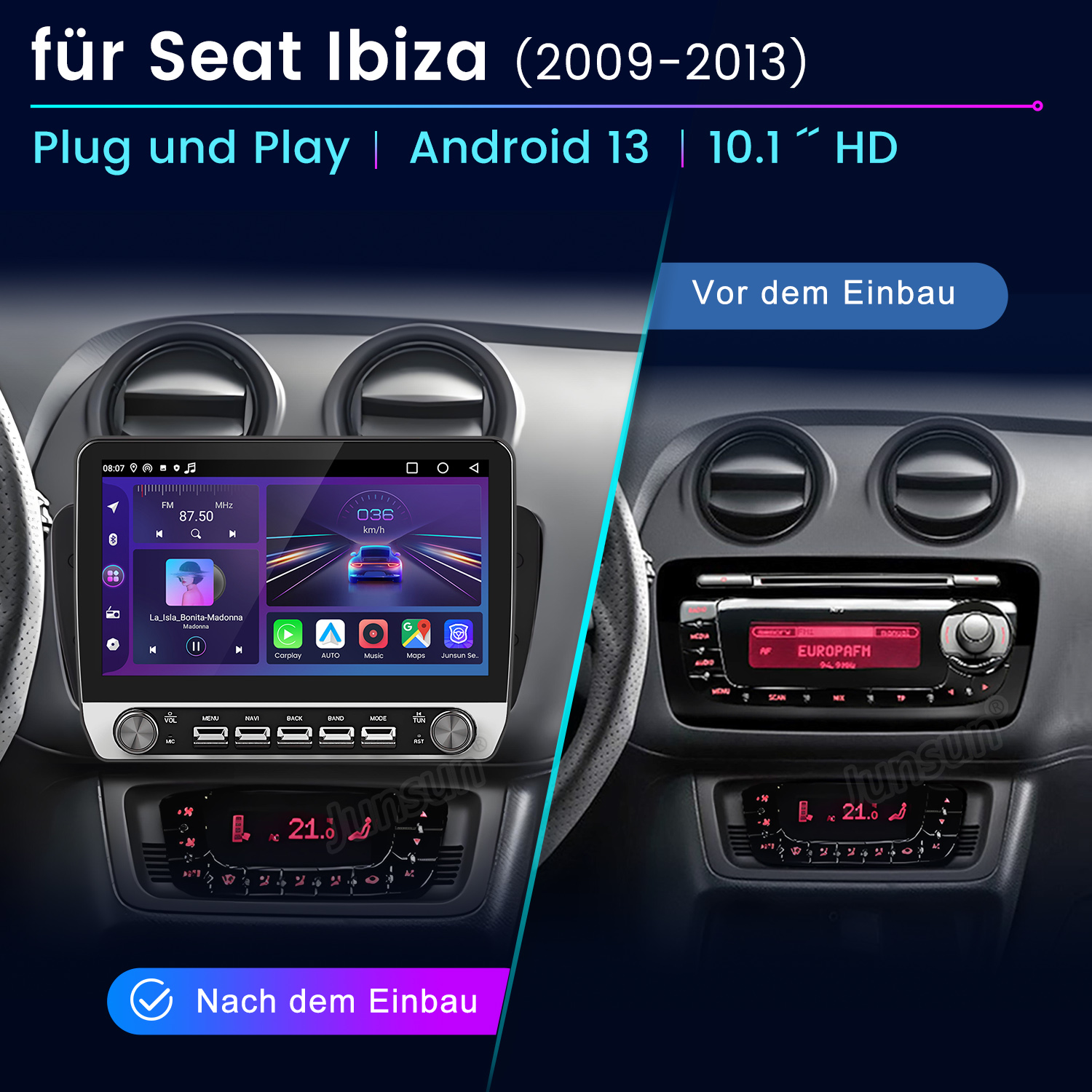 Auto-Multimedia-System vor und nach der Installation. Zeigt das ursprüngliche Autoradio und das neue Touchscreen-System.