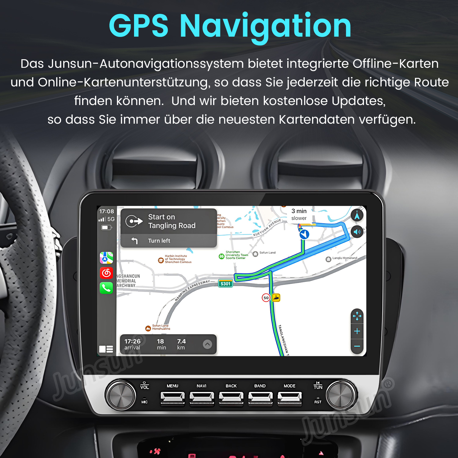 GPS-Navigationsbildschirm in einem Auto. Zeigt eine Karte und Wegbeschreibungen. Armaturenbrettansicht. Innenraum eines Autos.