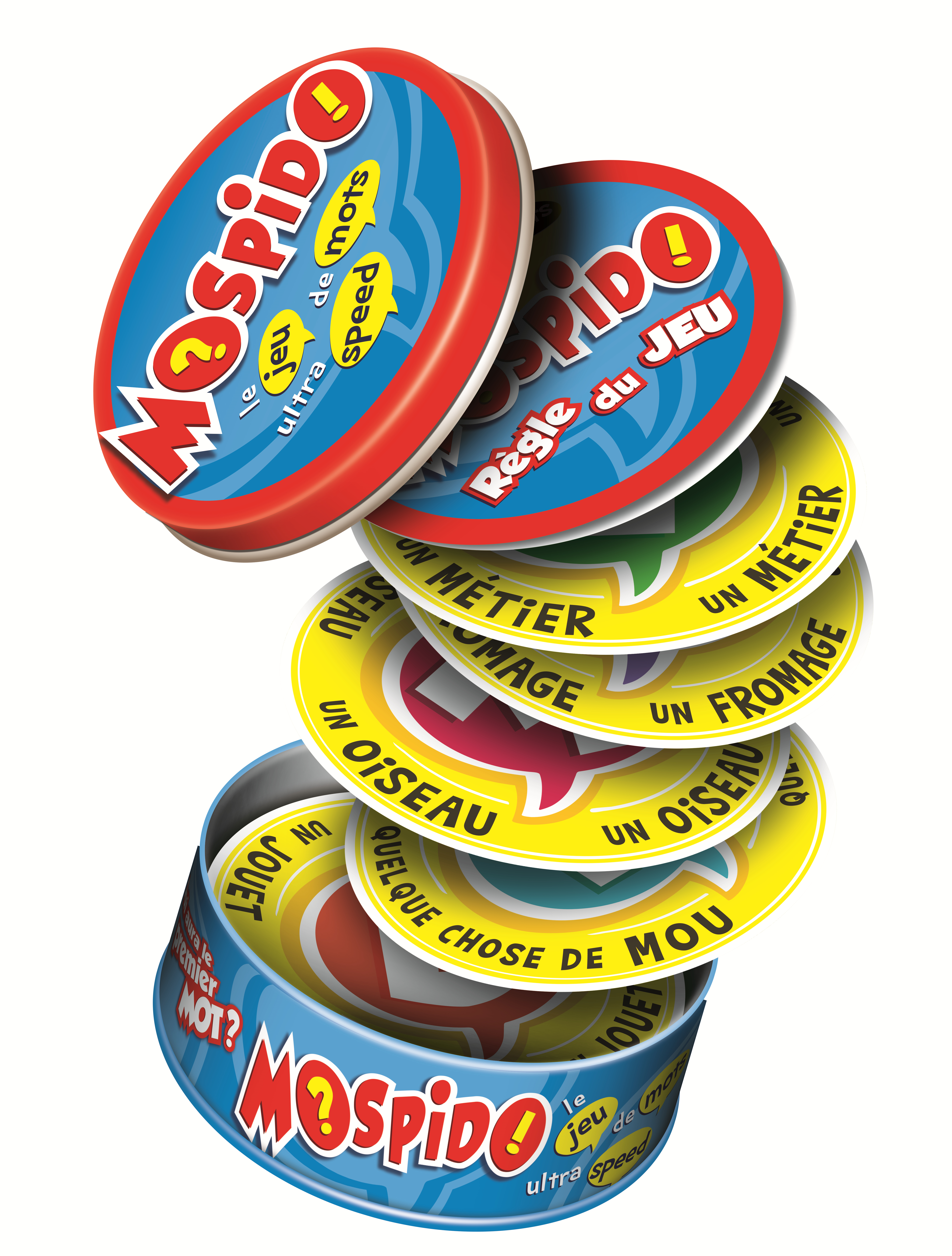 Eine Brettspielbox mit dem Titel "Mospido" und Spielsteinen, die aus der geöffneten Box quellen.