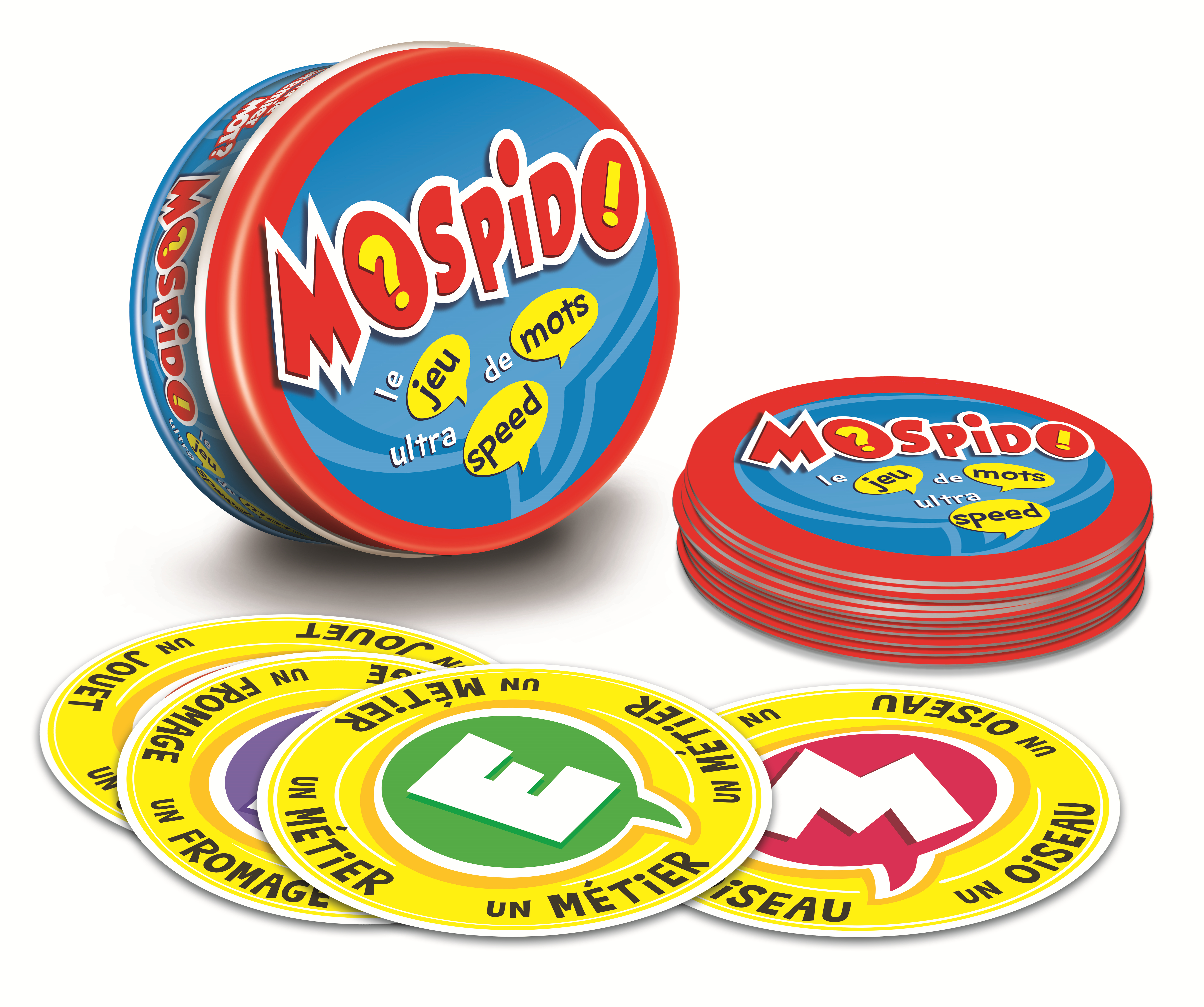 Moskido Wortspiel in Dose, Box und Karten mit Wörtern wie 'Käse' und 'Vogel'.