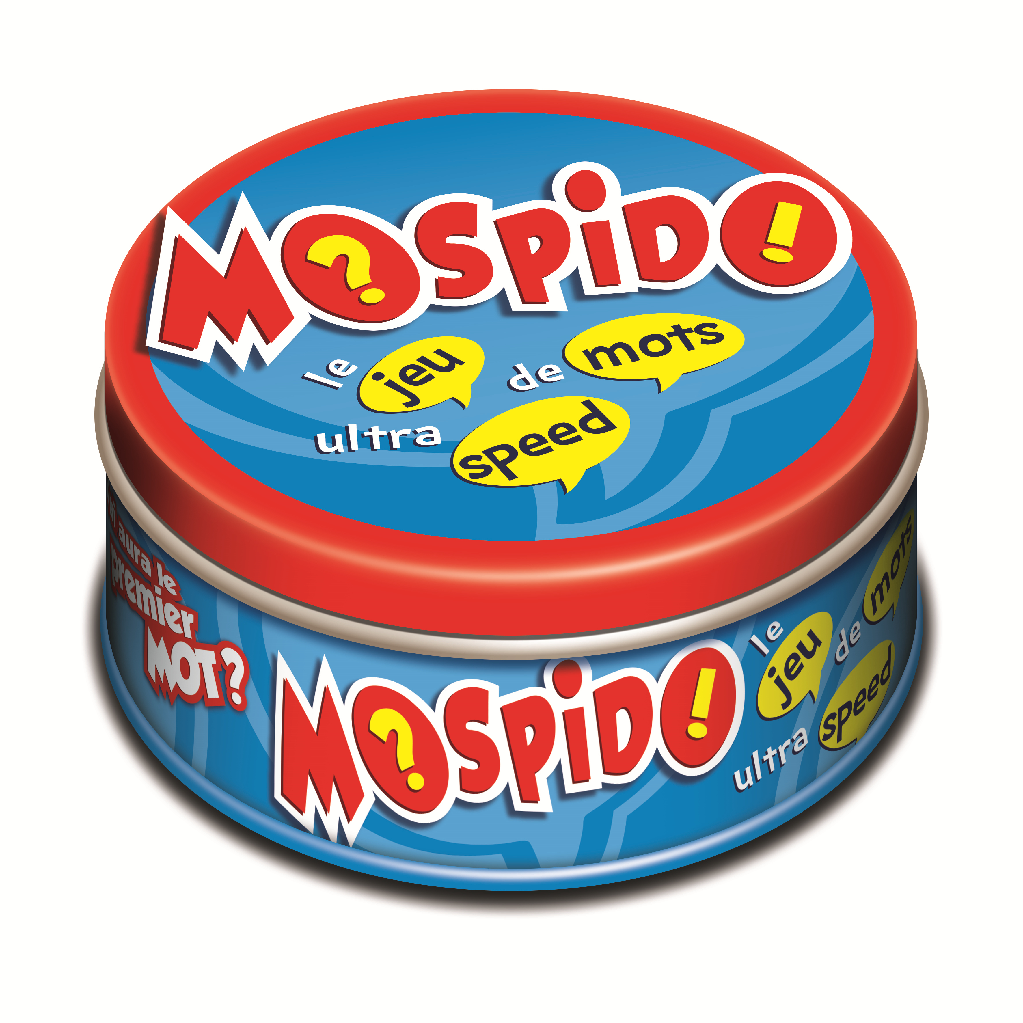 Runde blaue und rote Moskido-Wortspiel-Dose mit dem aufgedruckten Spieltitel.