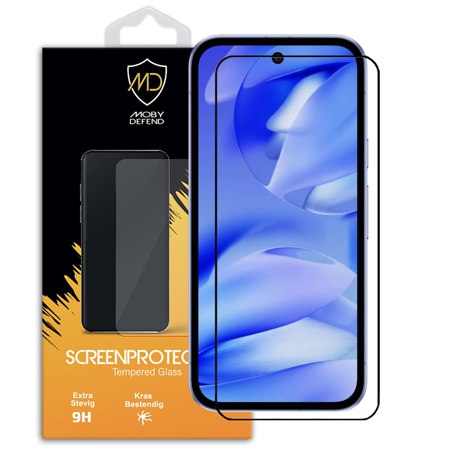 Telefoon met screenprotector en verpakking. De verpakking toont de telefoon.