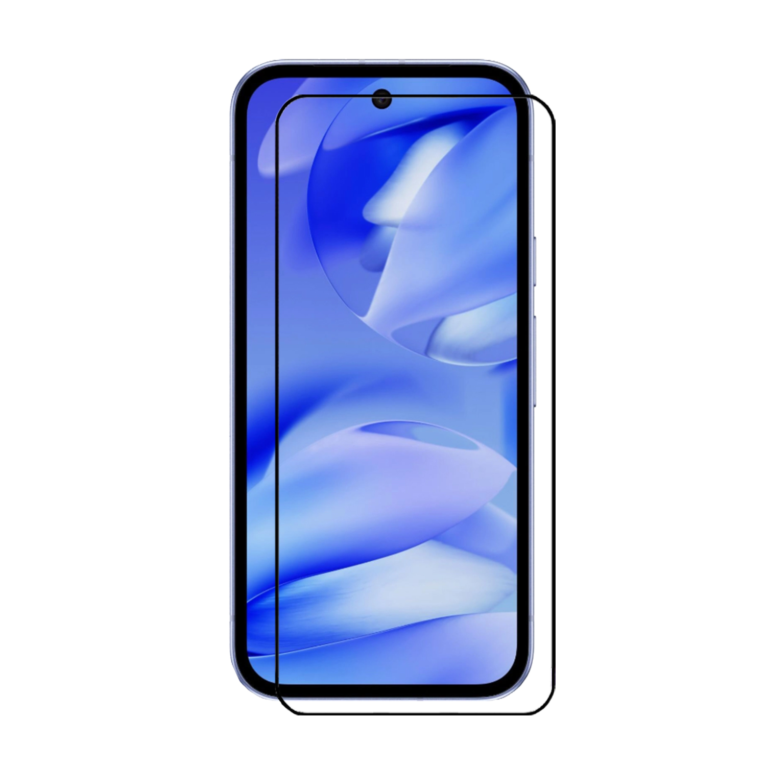 Een smartphone met een screenprotector aangebracht. De telefoon is gecentreerd en de protector is zwart omrand.