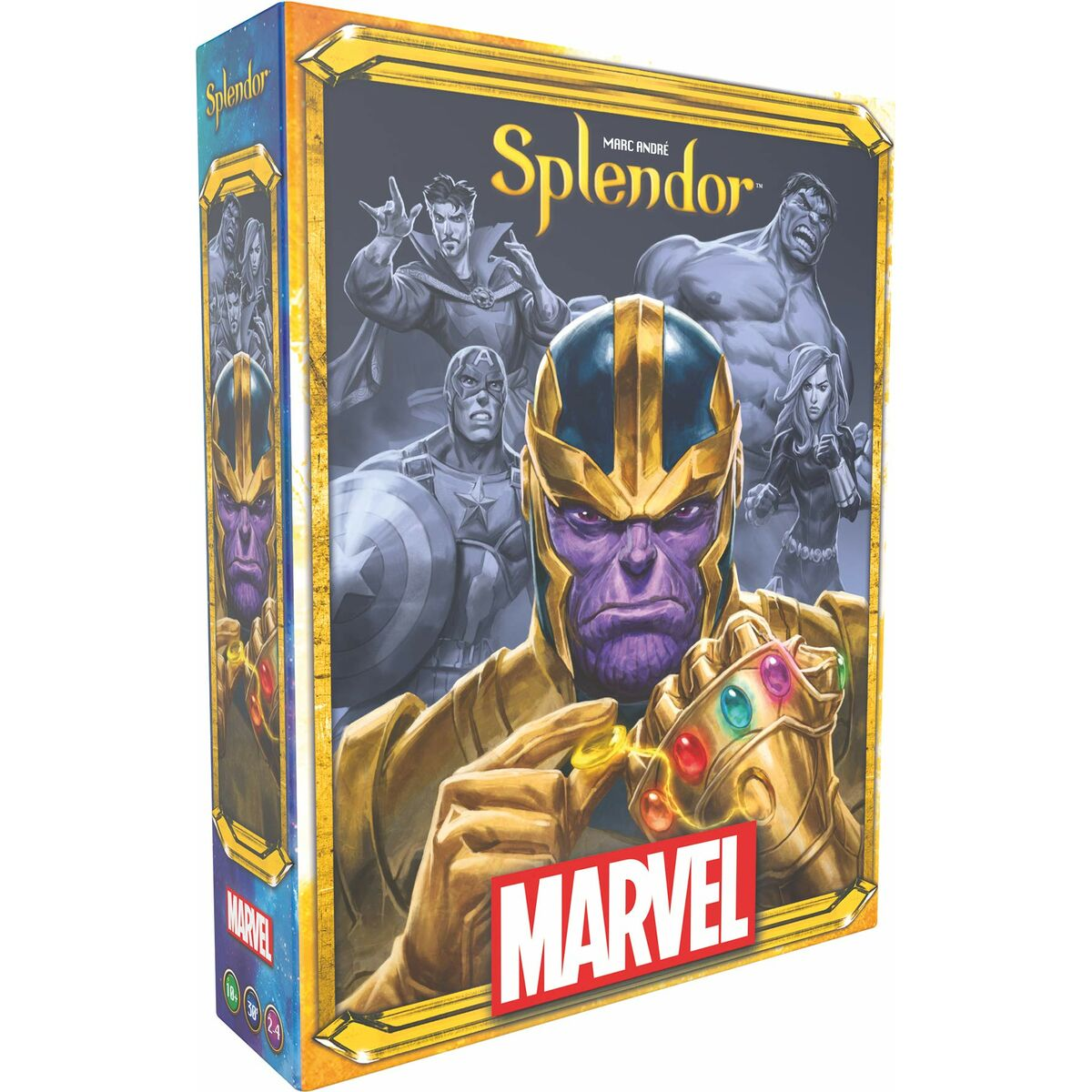 Marvel Splendor-Spielbox. Die Box zeigt Thanos und andere Marvel-Charaktere, mit dem Marvel-Logo.