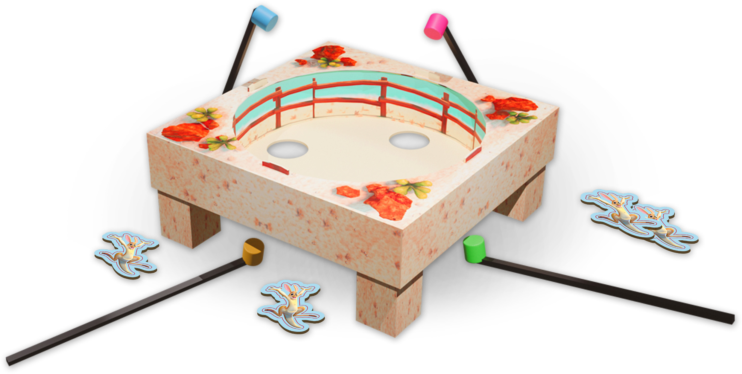 Ein Spielbrett mit einem zentralen Brunnen, Schlägeln und Spielsteinen mit Tierformen.