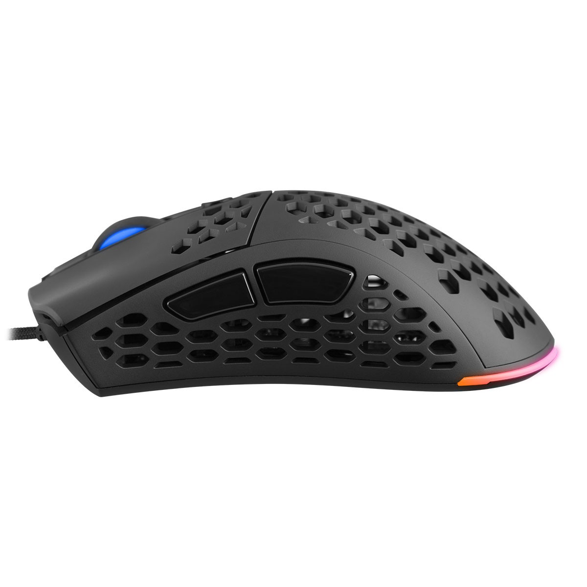 Ratón gaming negro con diseño de panal, botones laterales negros y luz arcoíris.
