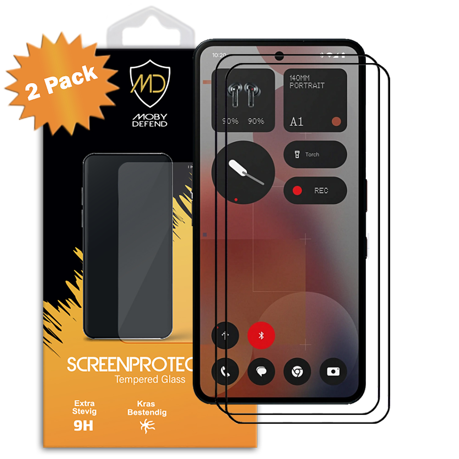 Un pack de protection d'écran de téléphone montrant un écran de téléphone avec des widgets et un pack de 2 protections.