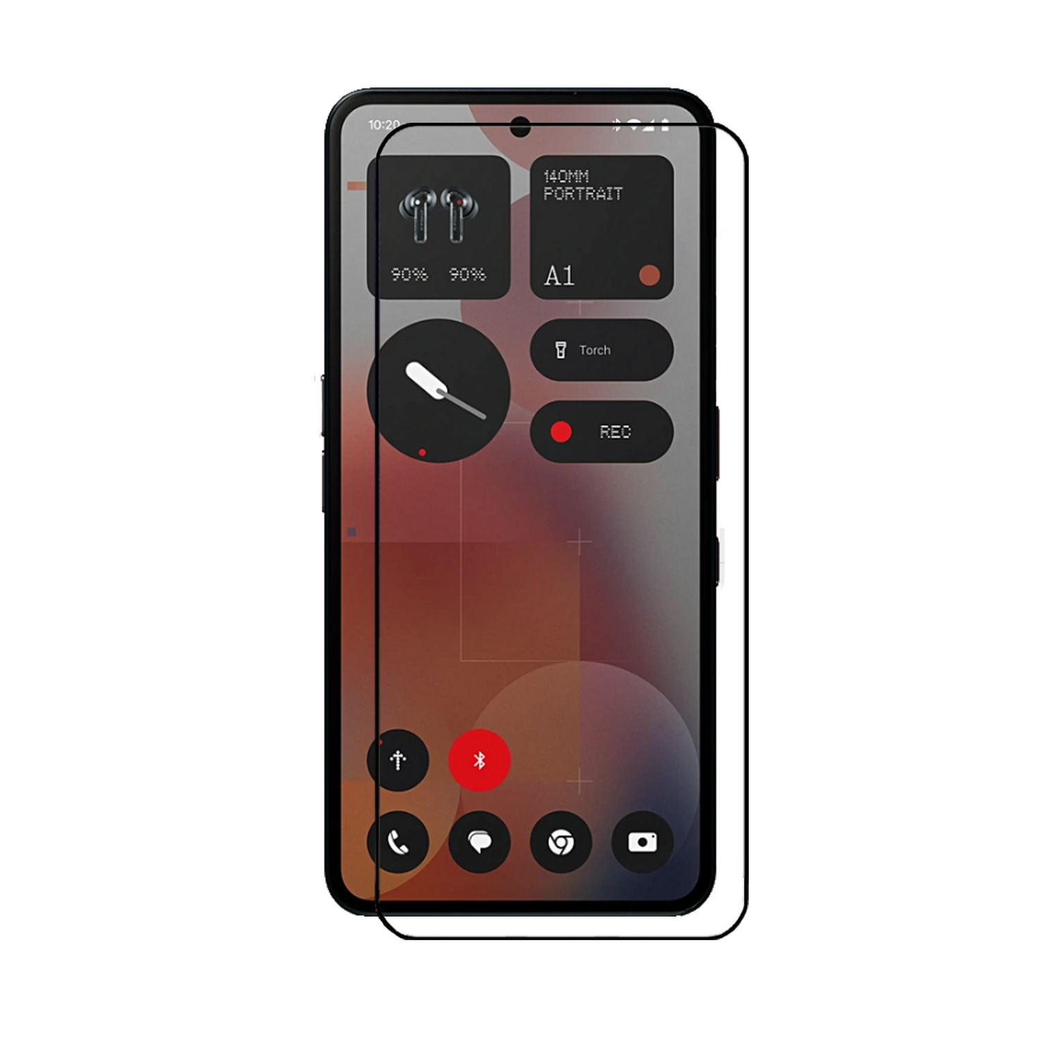 Un écran de téléphone avec des widgets et un protecteur d'écran appliqué, montrant l'interface de l'appareil.