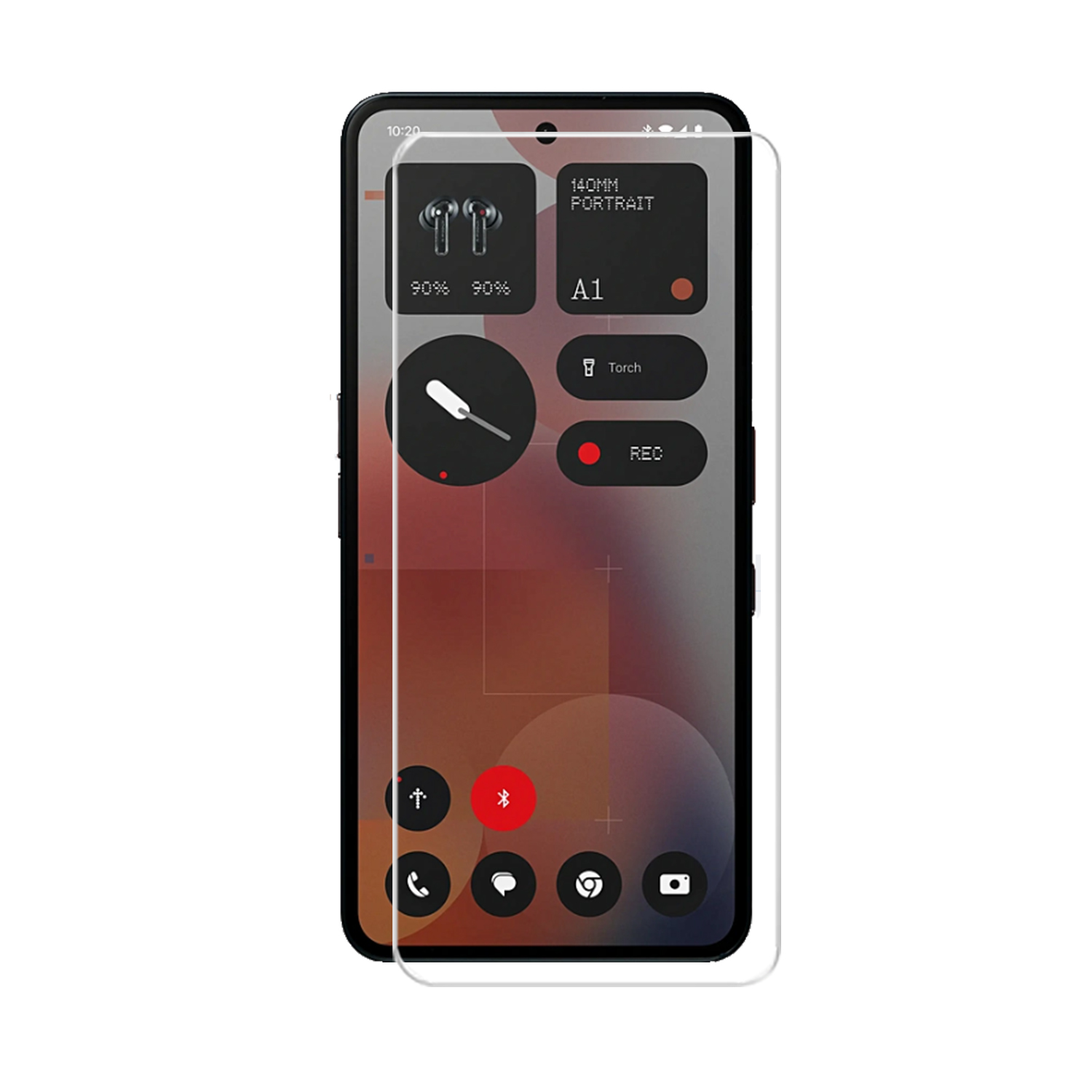 Een telefoonscherm met widgets en een schermbeschermer, dat de interface van het apparaat laat zien.