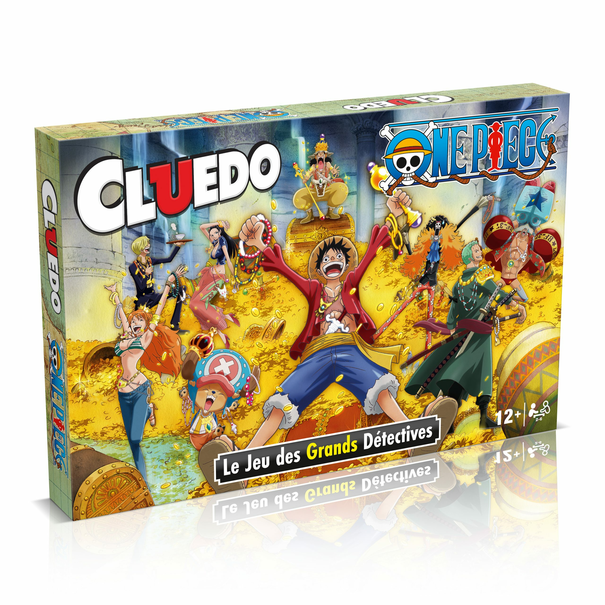 Een bordspeldoos met personages uit de anime One Piece, met de titel "Cluedo".