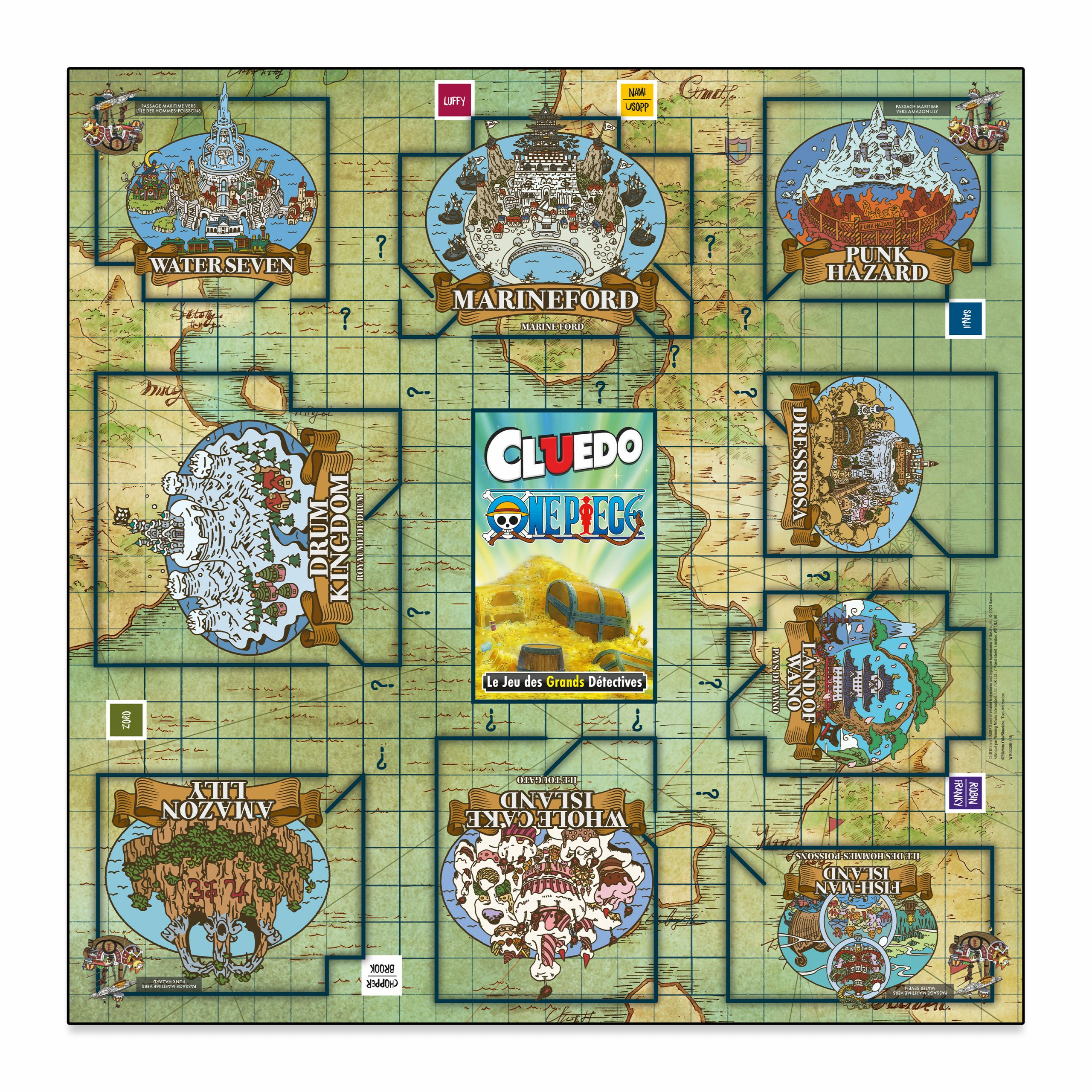 Cluedo One Piece bordspel. Het spelbord bevat locaties uit de One Piece anime-serie.