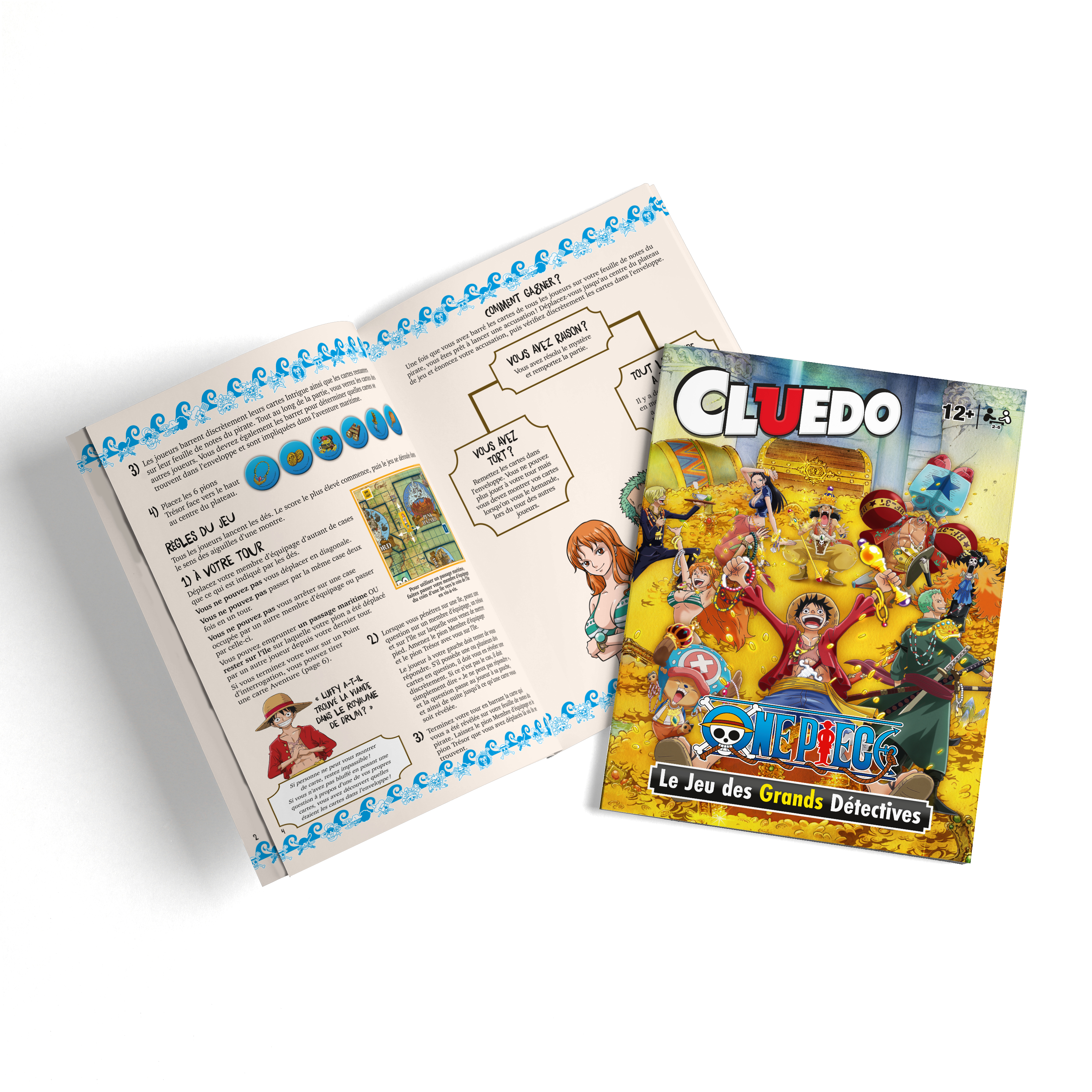 Twee open bordspelfolders met kleurrijke illustraties. Eén heet "Cluedo", de andere met tekst.