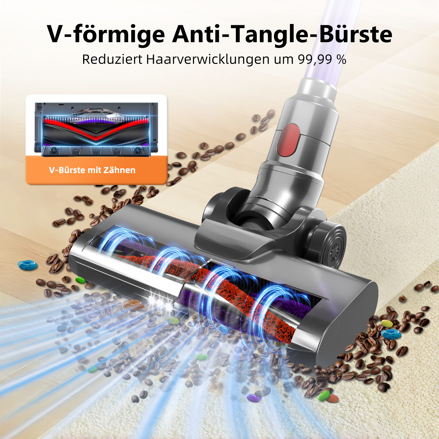 Staubsauger mit V-förmiger Bürste. Kaffeebohnen und Süßigkeiten sind verstreut.