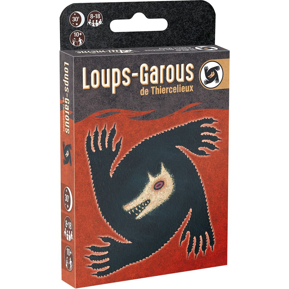 Una scatola del gioco "Loups-Garous", con un'illustrazione di lupo su sfondo rosso e nero. Testo e logo presenti.