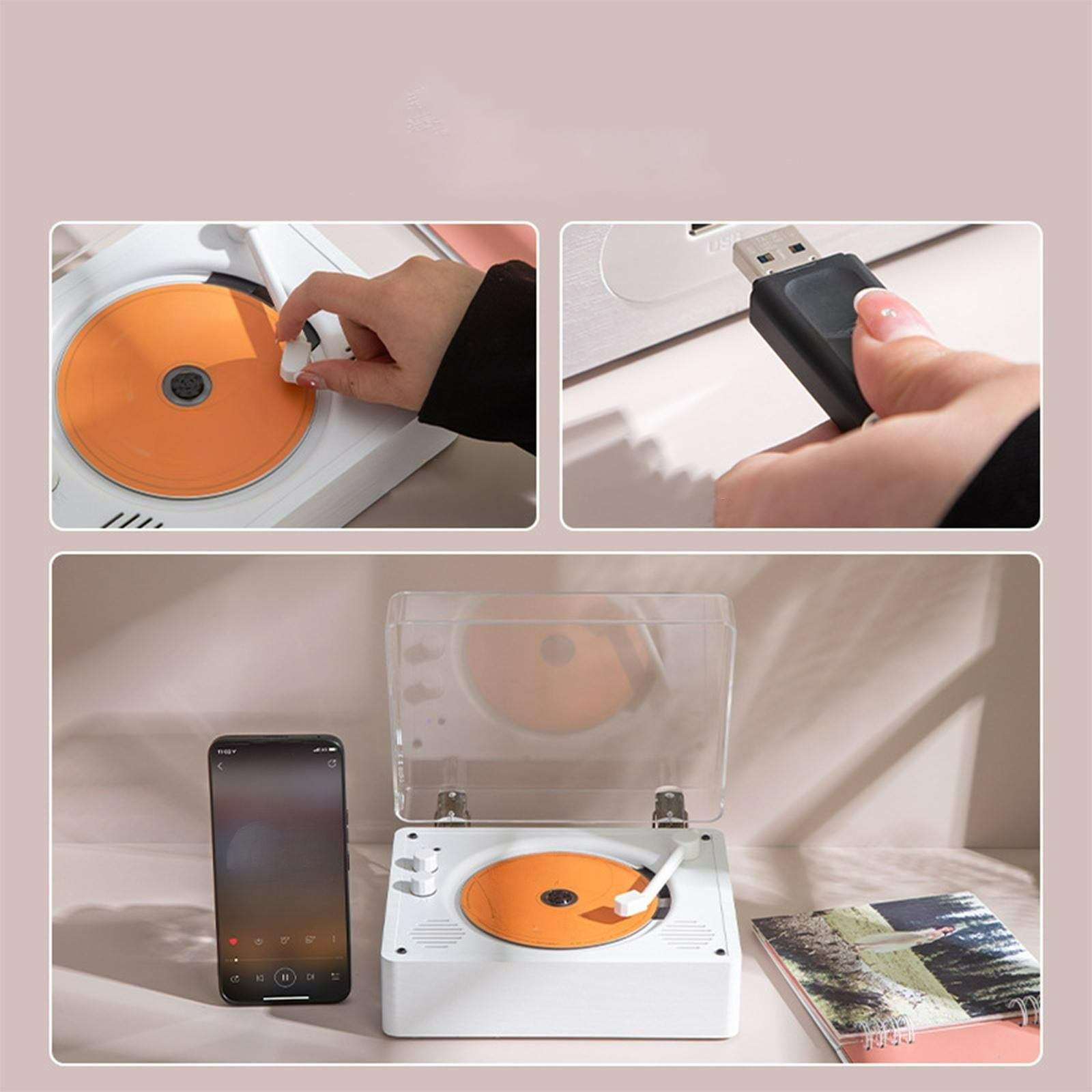 Weißer Plattenspieler mit orangefarbener Scheibe, Telefon spielt Musik, USB-Kabel.