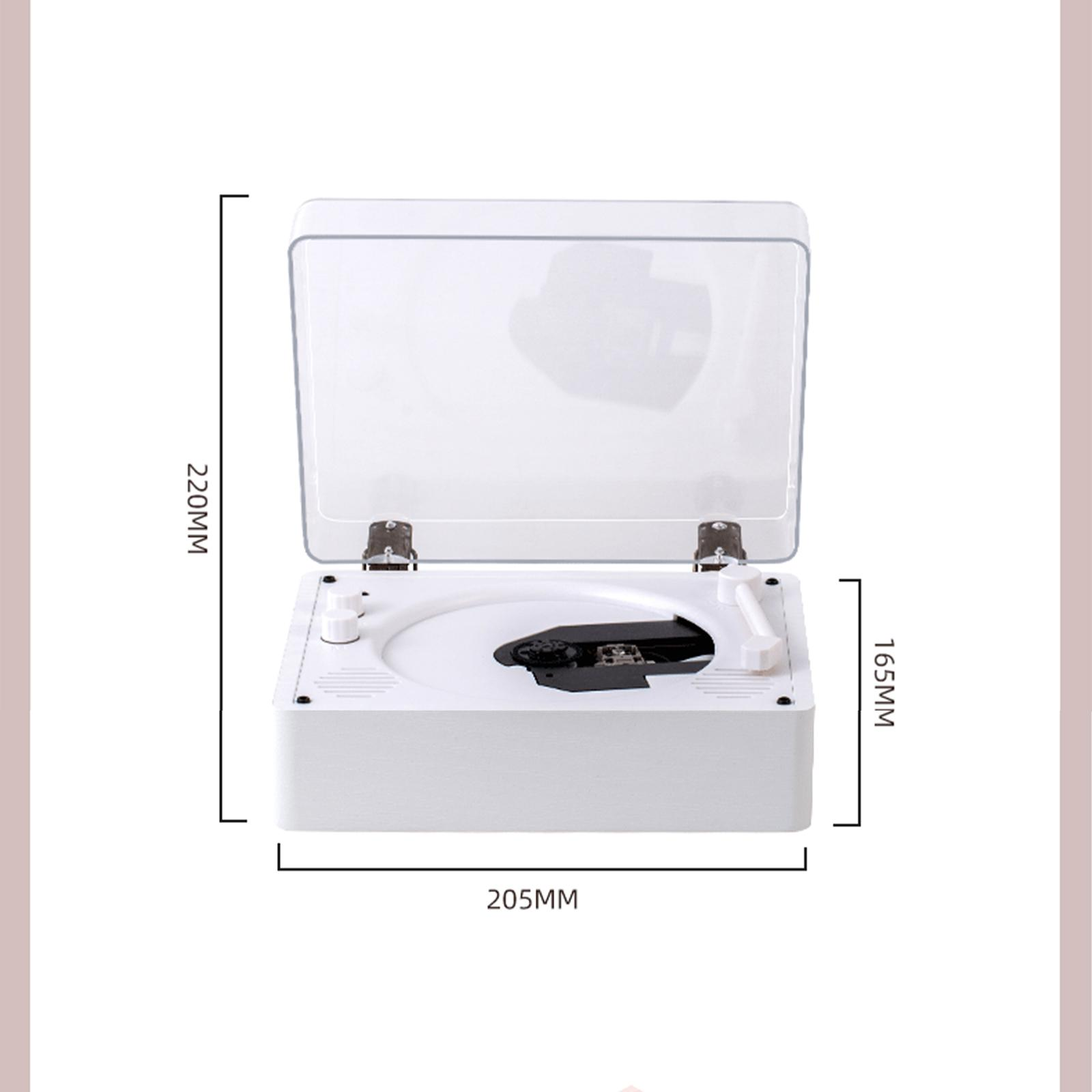 Weißer CD-Player im Retro-Stil mit Maßen in mm. Offene, transparente Abdeckung. Weißes Gehäuse mit Bedienelementen.