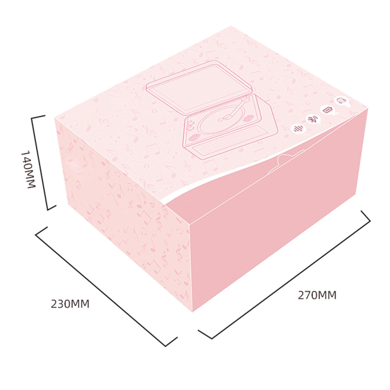 Eine rosa CD-Player-Box mit Maßen. Die Box ist rosa mit Illustrationen eines CD-Players darauf.