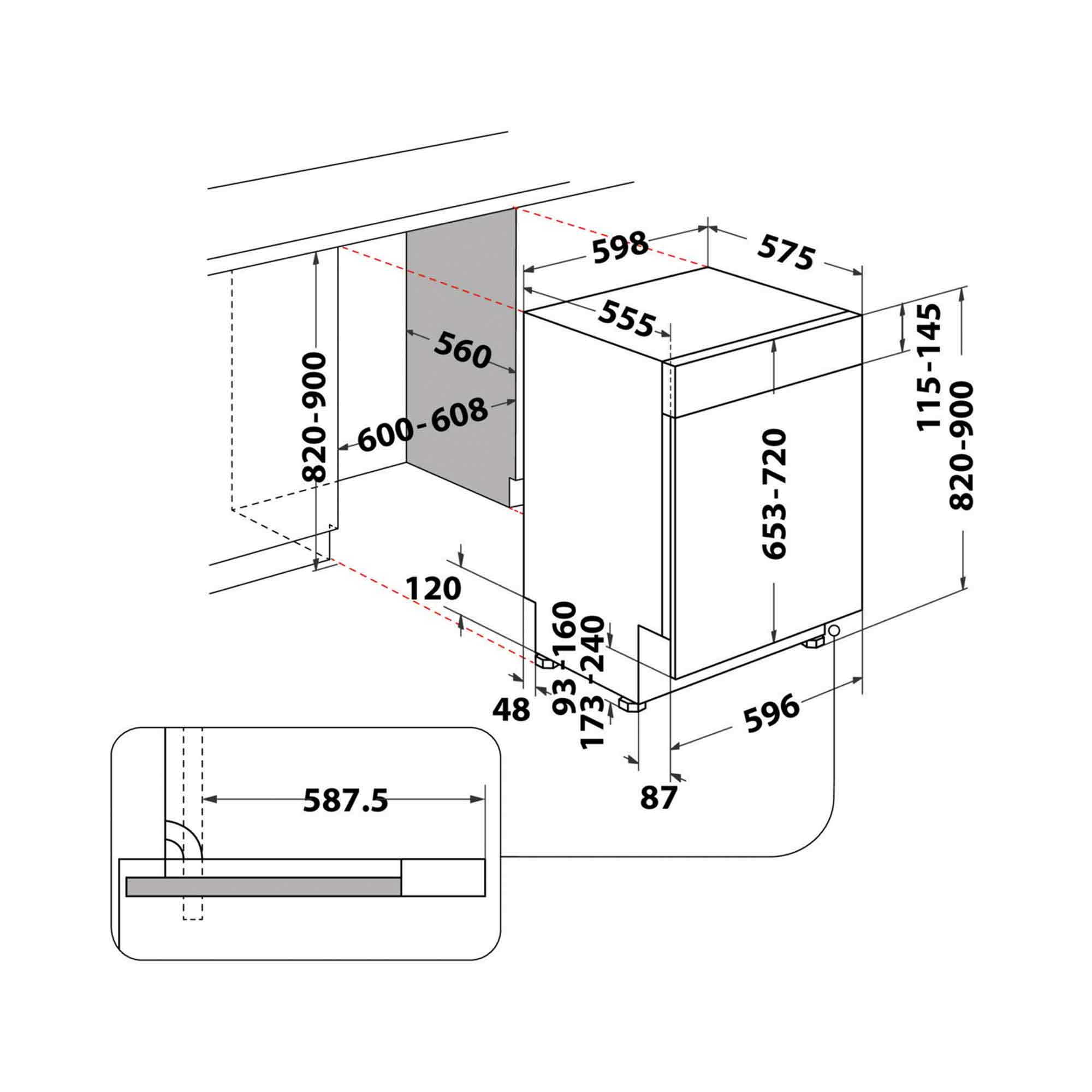Geschirrspüler-Installationsdiagramm mit Abmessungen. Enthält Details des Schranks.