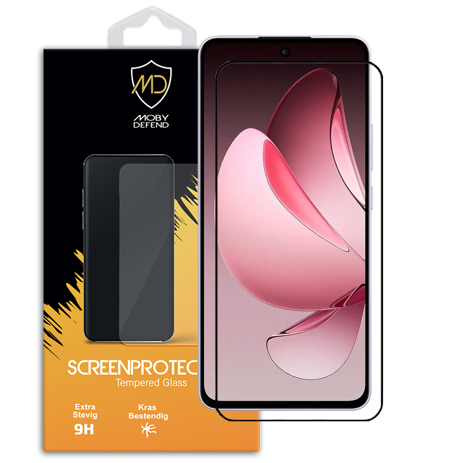 Smartphone et protecteur d'écran dans une boîte, téléphone noir, protecteur.