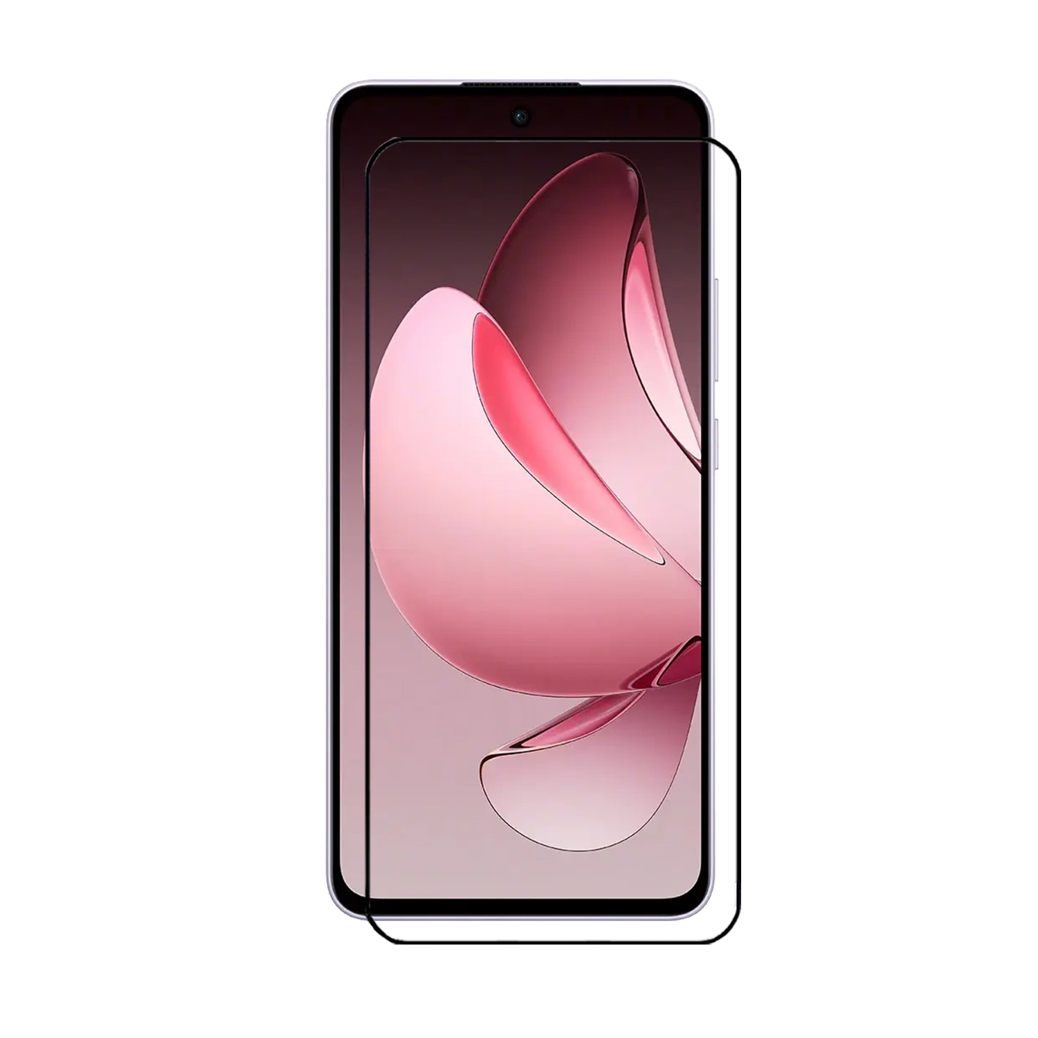 Smartphone avec protecteur d'écran appliqué, téléphone noir, fond rose.