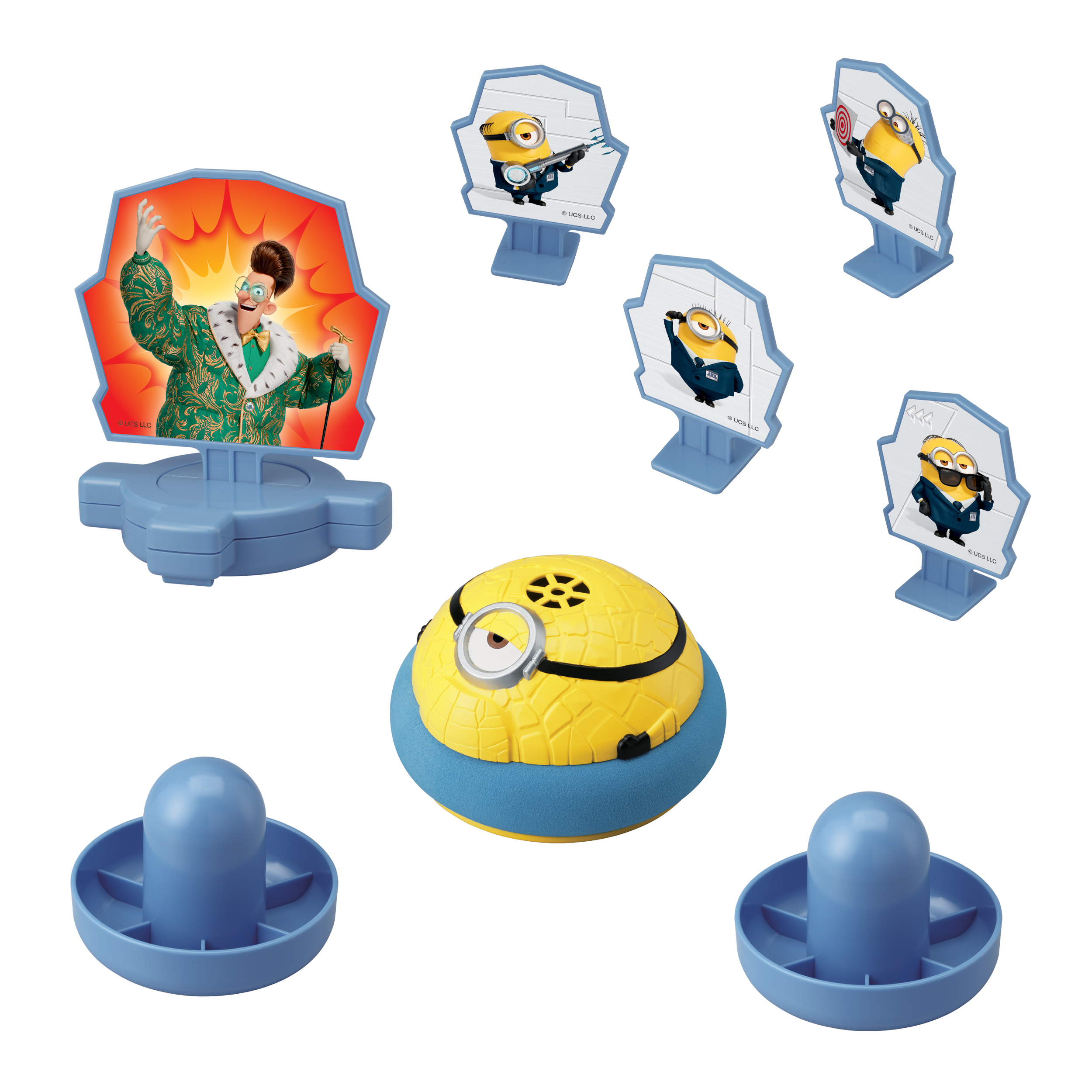 Gioco con figure dei Minion e un altoparlante giallo. Palcoscenico con un'immagine del personaggio e palette blu.