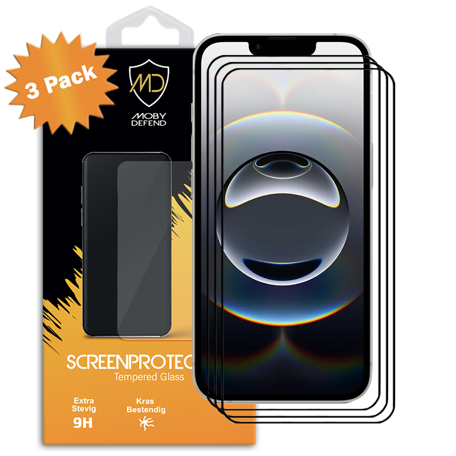 Pack de 3 protections d'écran pour téléphone. L'emballage montre un téléphone avec des protections d'écran en place.