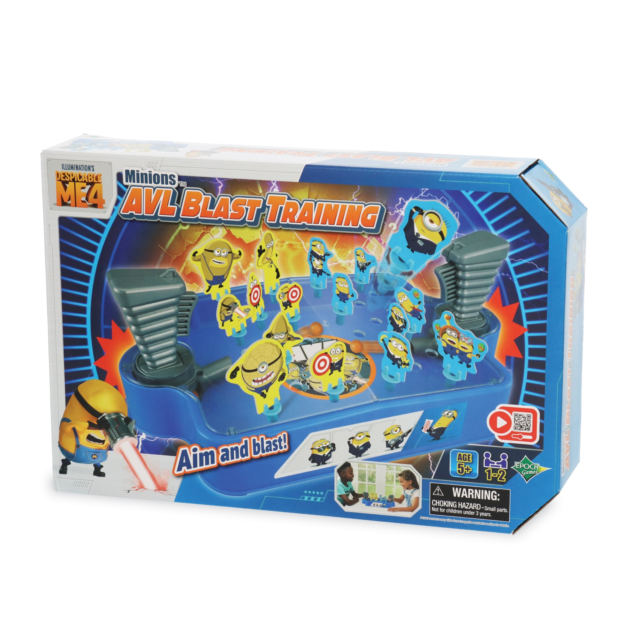 Minions AVL Blast Training Spielbox. Minions-Figuren, ein blaues Spielbrett und ein Warnhinweis.