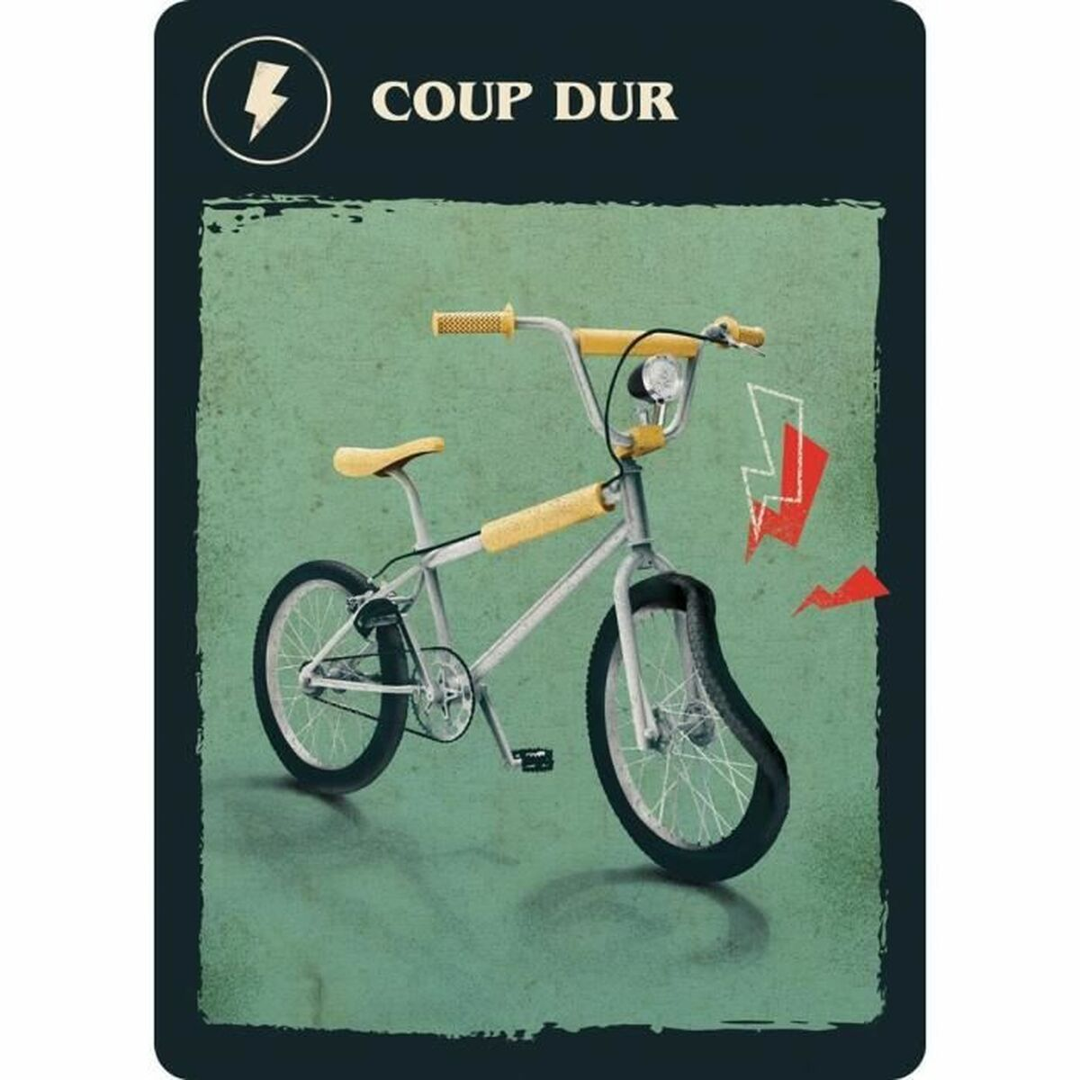 Un gioco di carte. Una bicicletta con manubrio e sella gialli è sulla carta, con un logo a forma di fulmine.