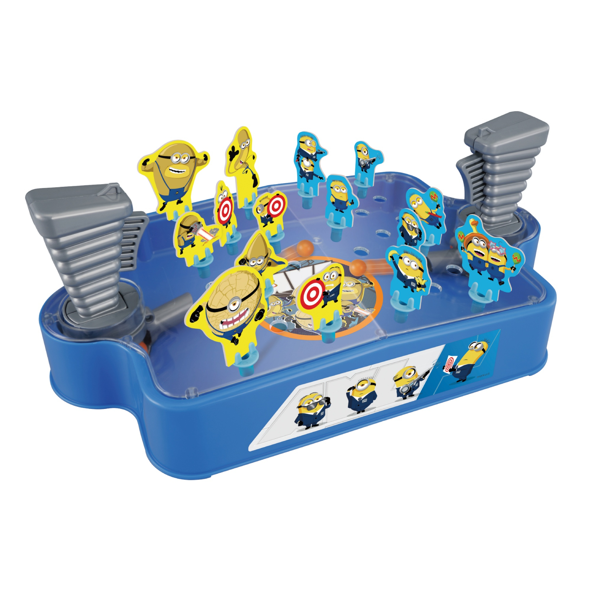 Ein Brettspiel im Minions-Stil. Das Spielbrett ist blau mit Minions-Figuren und einem Werfer.