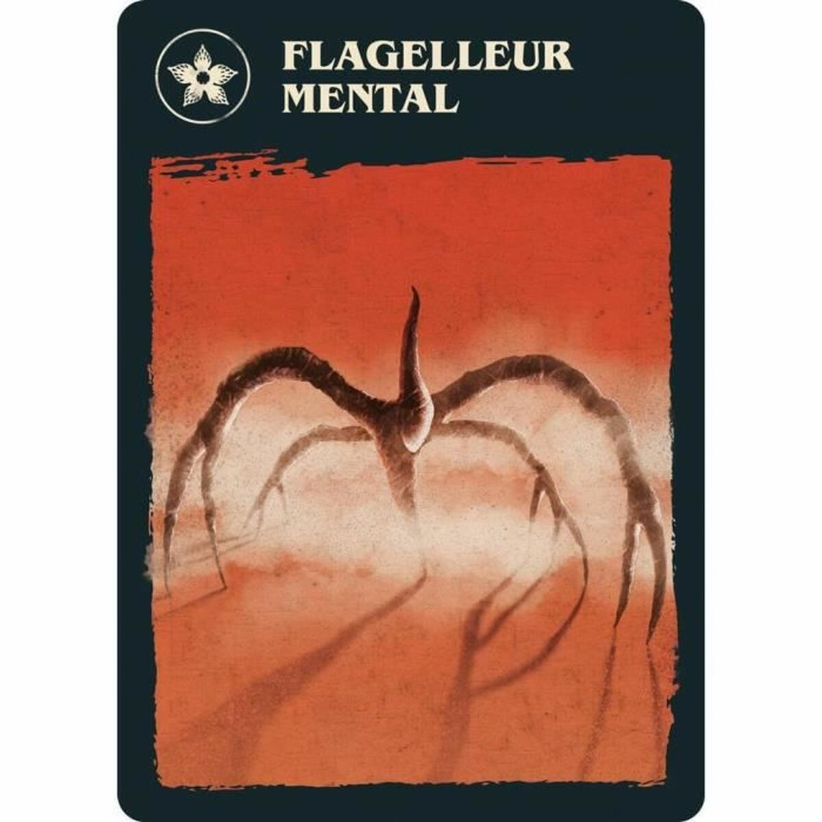 Una carta da un gioco da tavolo. Presenta uno sfondo rosso scuro e un'illustrazione di creatura.