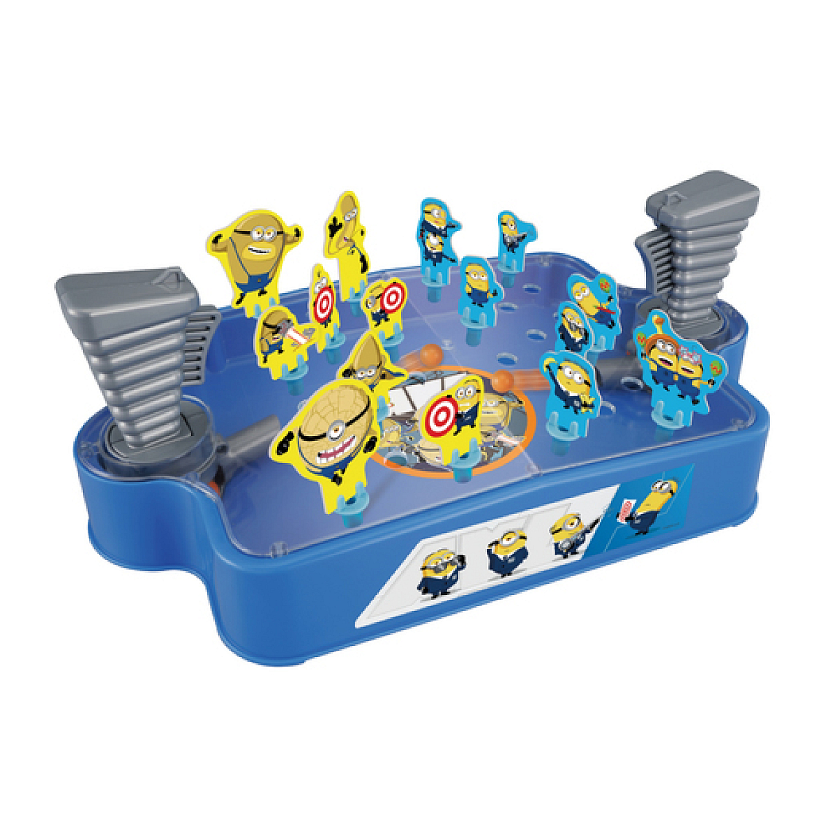 Ein Minions-Spiel. Das Spiel ist blau, mit Minion-Figuren. Zwei tornadoartige Strukturen sind an jeder Seite.