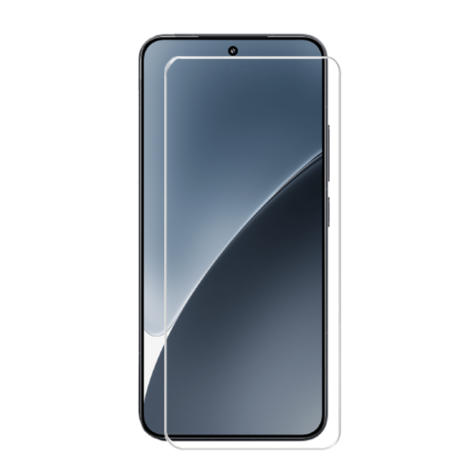 Smartphone met een schermbeschermer. Het scherm toont een donkere, wazige achtergrond met een gebogen bovenkant.
