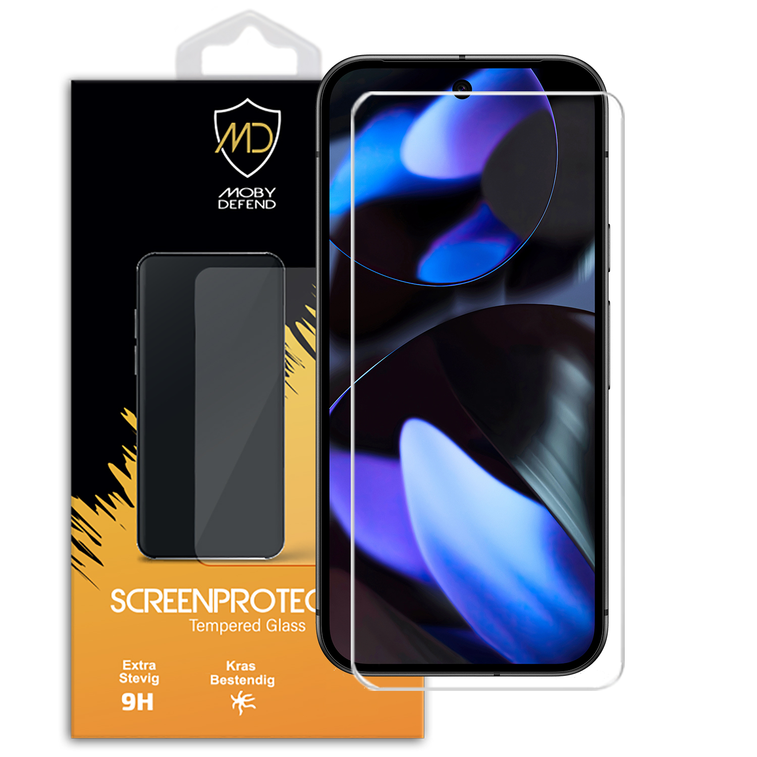 Telefoon met schermbeschermer in een doos. De doos heeft een telefoonafbeelding en de woorden 'Screen Protector'.