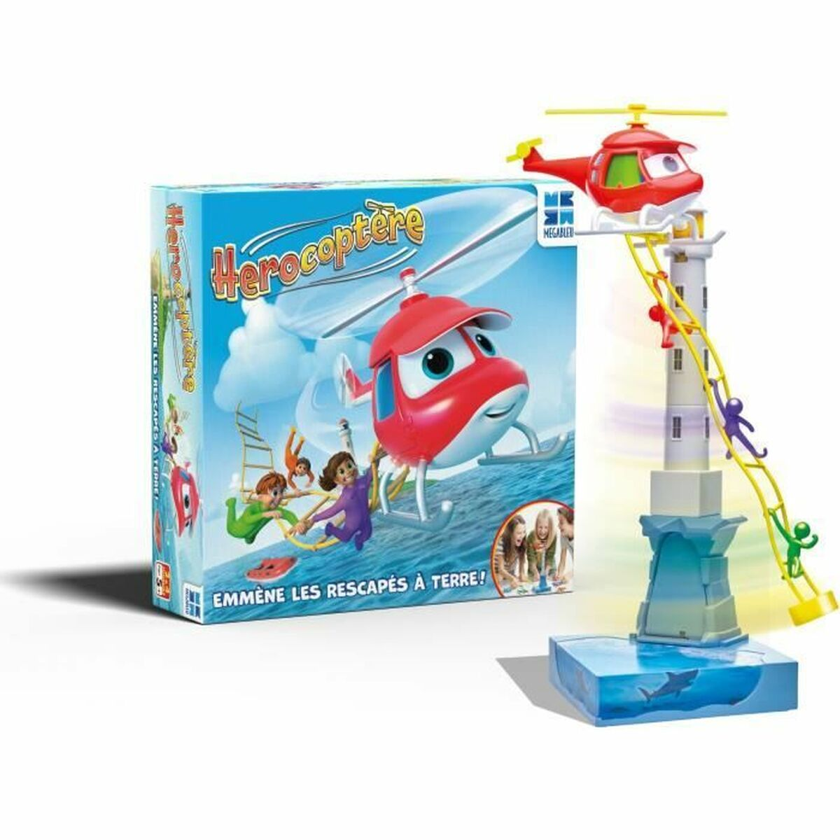 Brettspiel mit einem Cartoon-Hubschrauber, Leuchtturm und Figuren, die Leitern erklimmen.