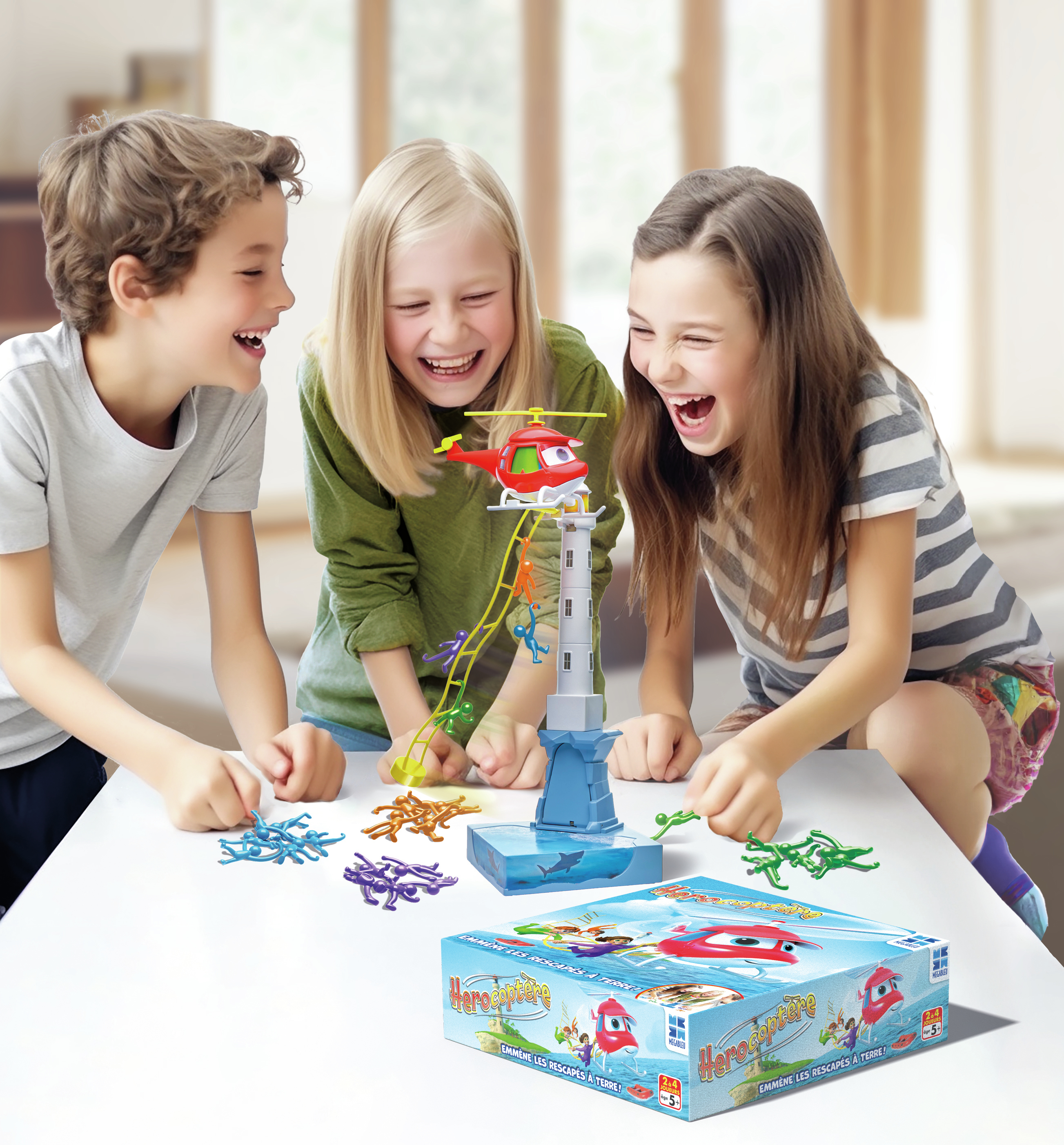 Drei Kinder spielen ein Brettspiel mit einem Hubschrauber, einem Leuchtturmturm und Spielfiguren.