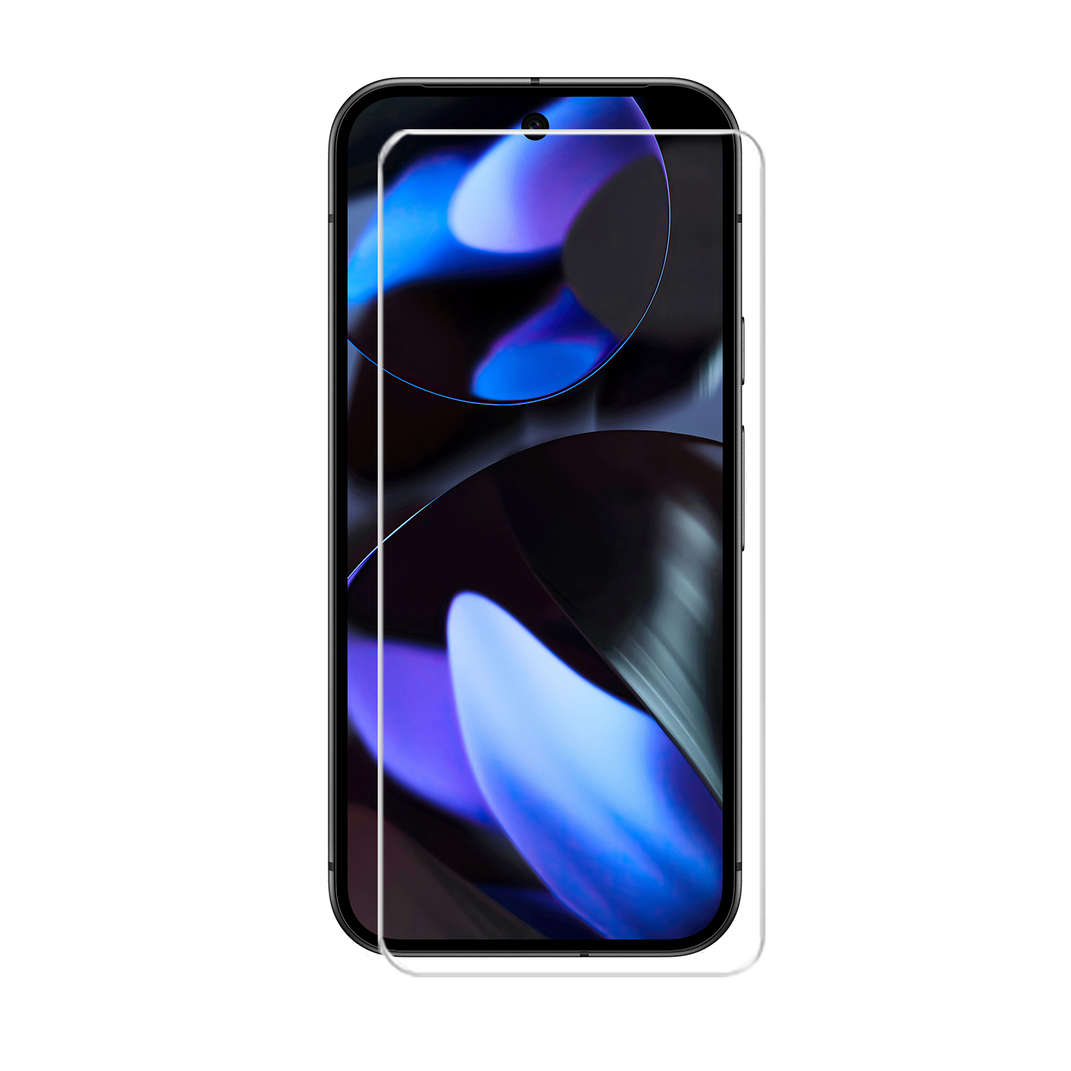 Smartphone met schermbeschermer. De telefoon toont een donkere, wazige achtergrond met een gebogen bovenkant.