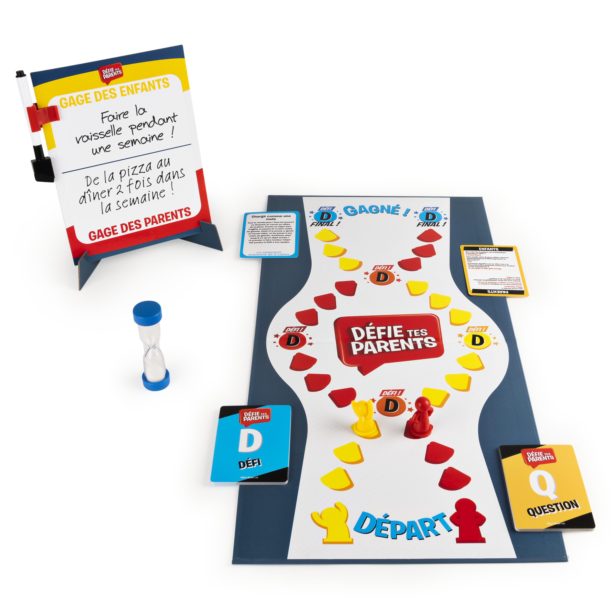 Układ gry planszowej z planszą, kartami, timerem i elementami. Tekst: 'Defie Tes Parents'.