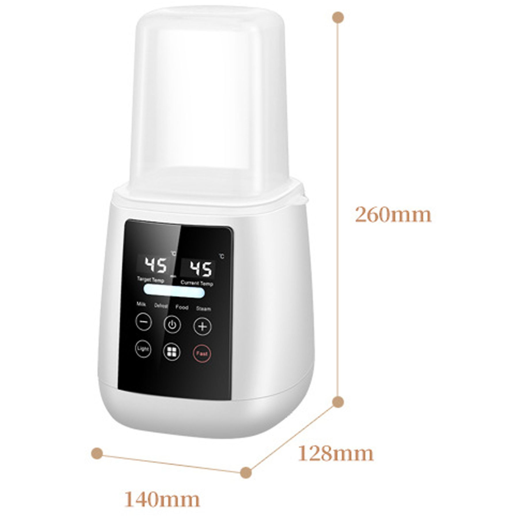 Weißer Babyflaschenwärmer mit Abmessungen: 140 mm x 128 mm x 260 mm. Das Display zeigt Temperatur und Funktionsoptionen.