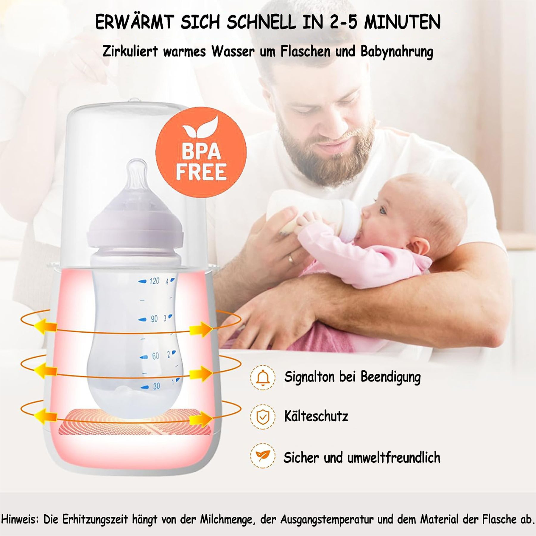 Babyflasche in einem Wärmer. Ein Mann hält eine Flasche. Text: Erwärmt sich schnell in 2-5 Minuten. BPA-frei.