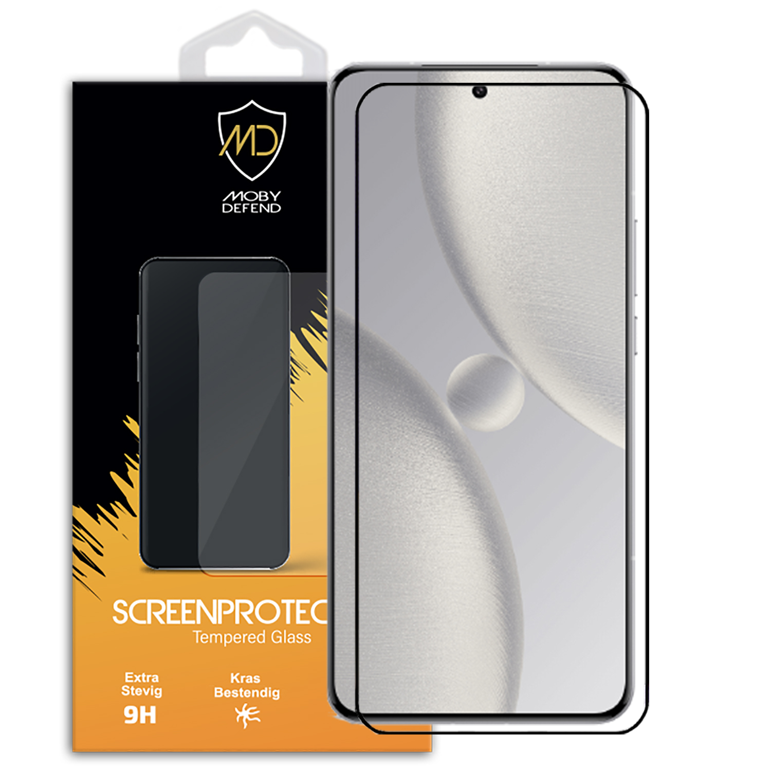 Un emballage de protection d'écran et un téléphone avec le protecteur appliqué, fond blanc.