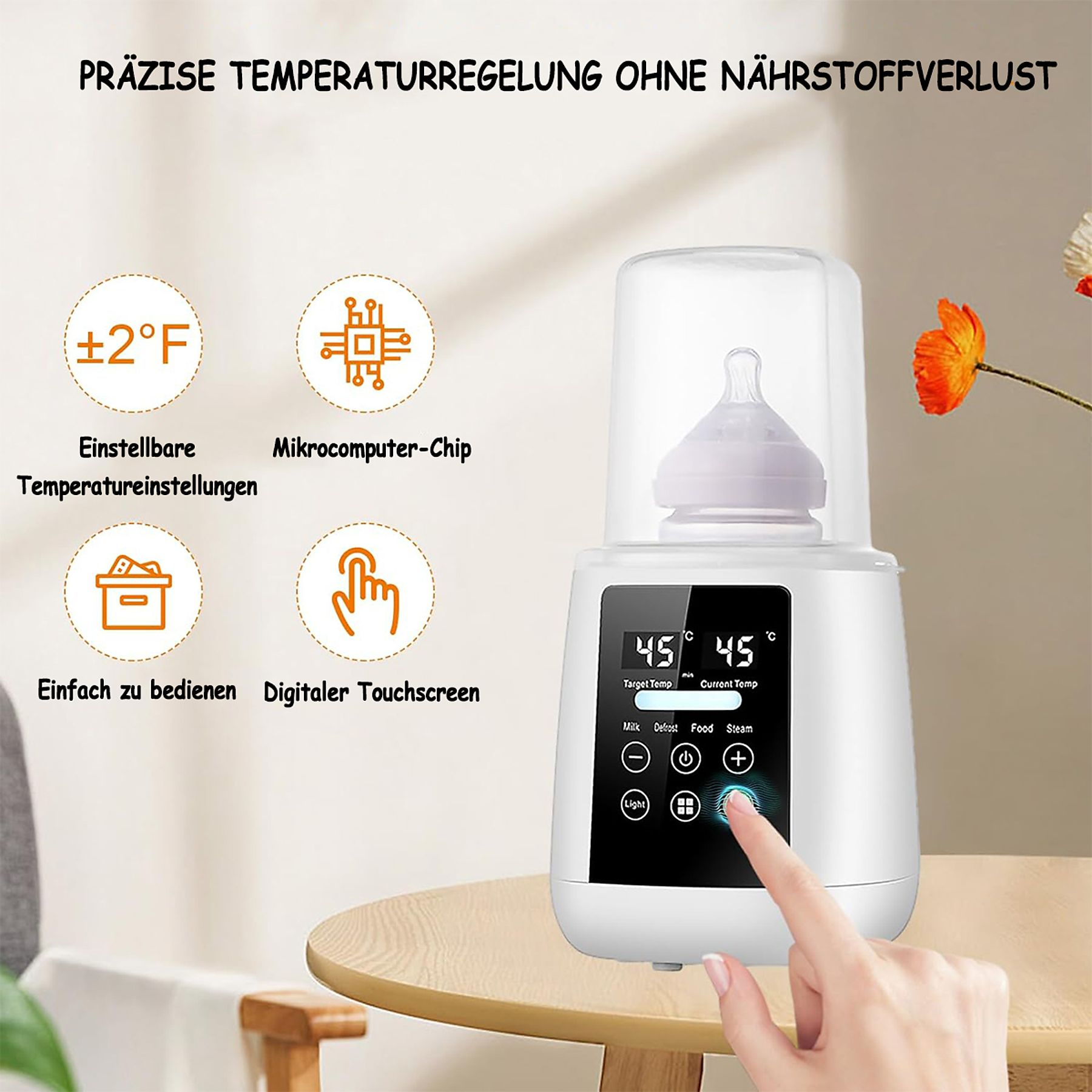 Ein weißer Babyflaschenwärmer mit Touchscreen und Flasche. Eine Hand drückt einen Knopf.